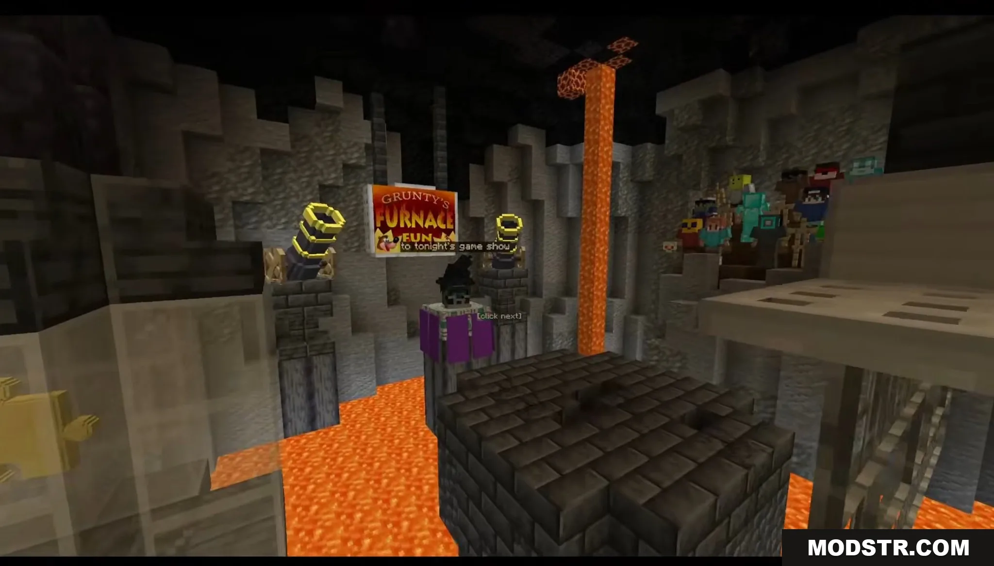 Banjo Kazooie Parkour Peril Map Screenshot 10 A witch character hosting a game show over a pool of lava