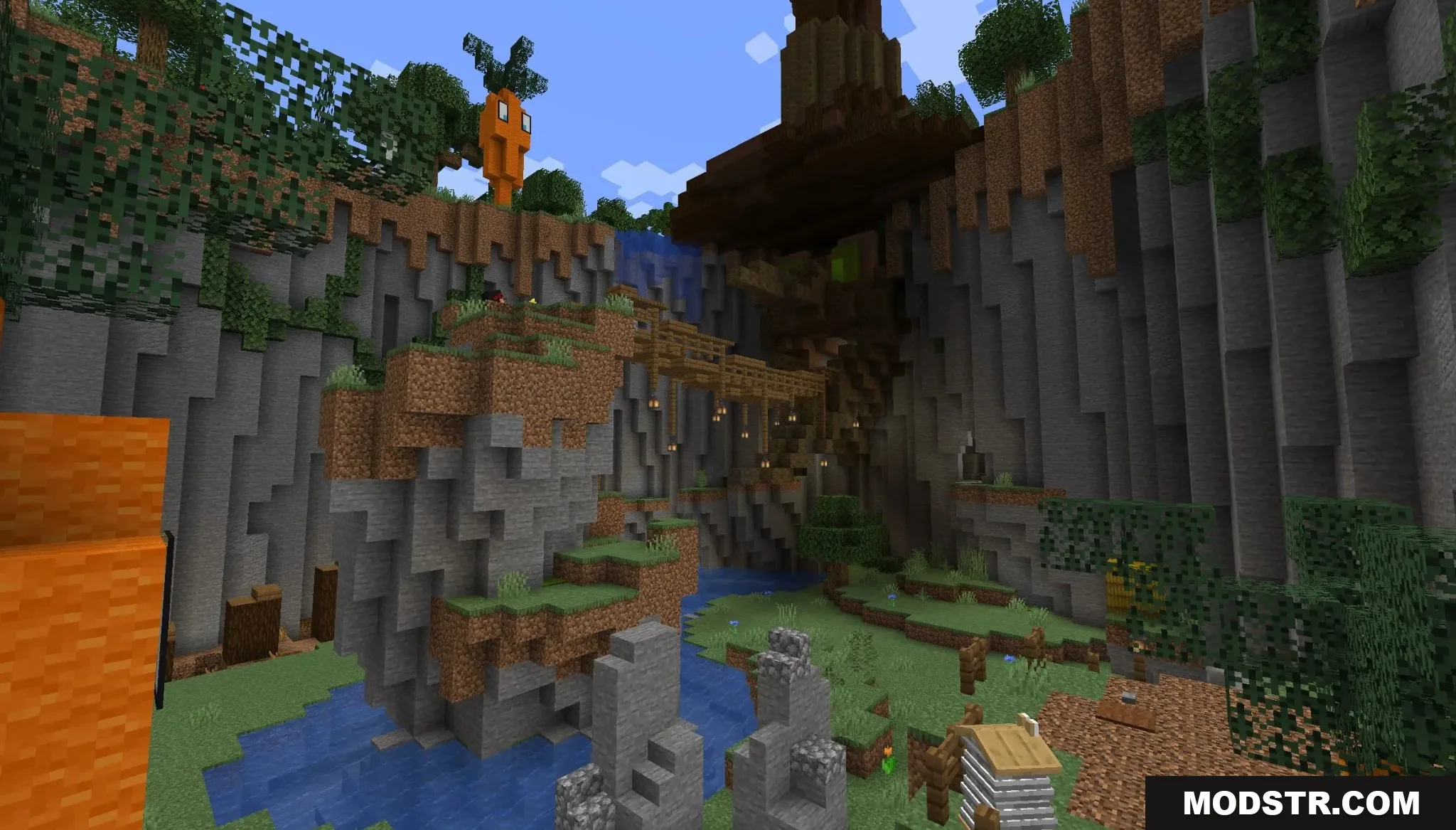Banjo Kazooie Parkour Peril Map Screenshot 2 Wooden bridge over a river in a valley with a giant carrot statue