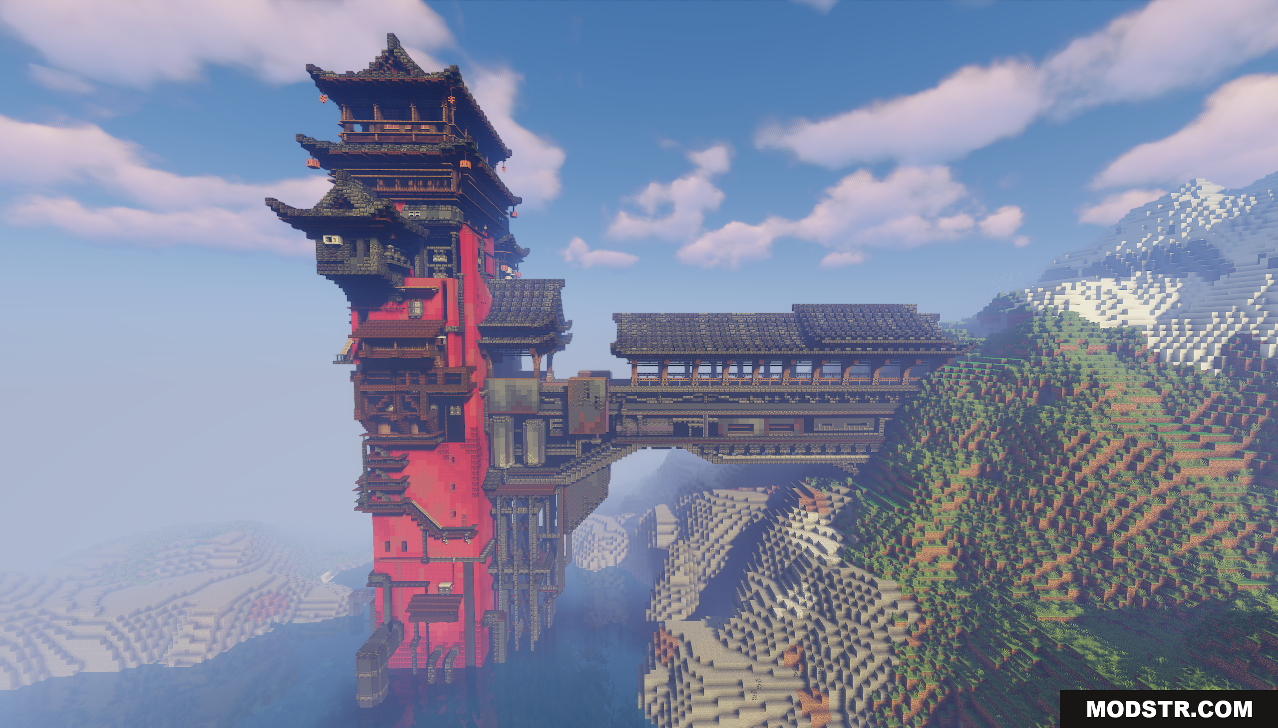 Bathhouse Map Screenshot 3 Overview of the tall red bathhouse map structure and bridge