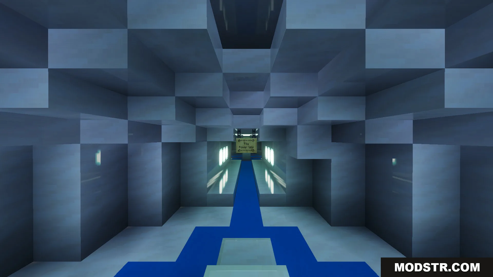 Battle Kaisen Map Screenshot 1 A futuristic blue hallway leading to a central arena in Battle Kaisen Map