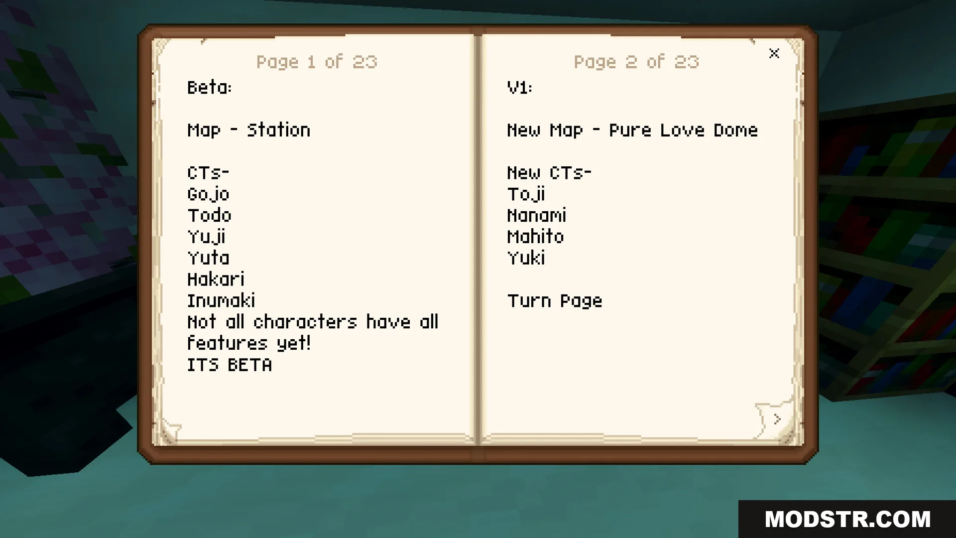 Battle Kaisen Map Screenshot 2 A Minecraft book displaying character kits like Gojo and Yuji for battle