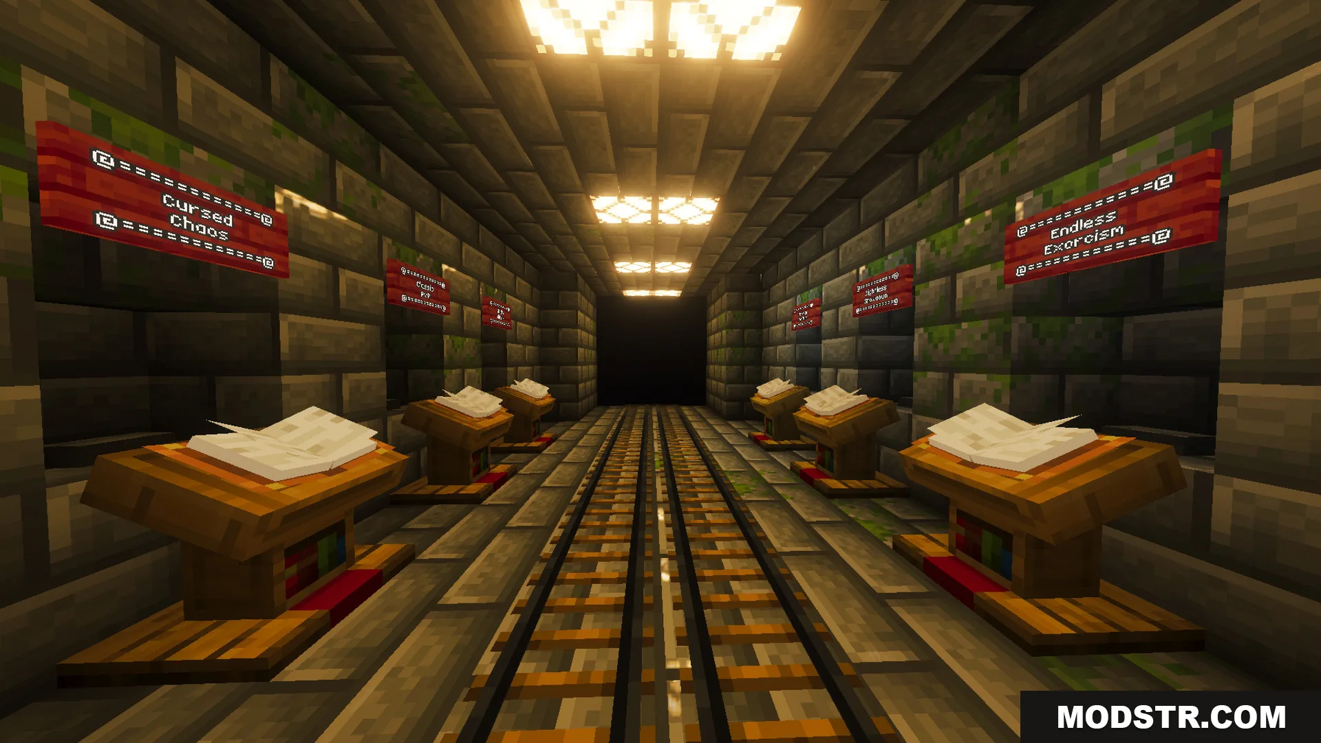 Battle Kaisen Map Screenshot 4 Stone brick tunnel with minecart tracks and lecterns for selecting character kits