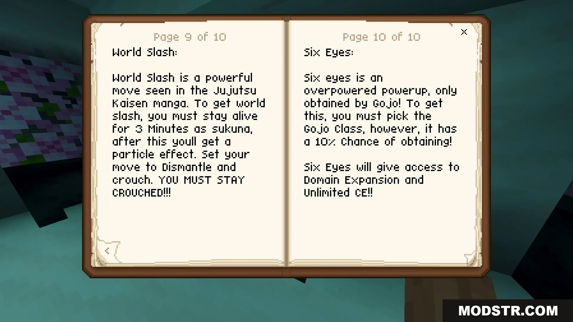 Battle Kaisen Map Screenshot 8 Open book detailing character abilities like World Slash and Six Eyes in Minecraft