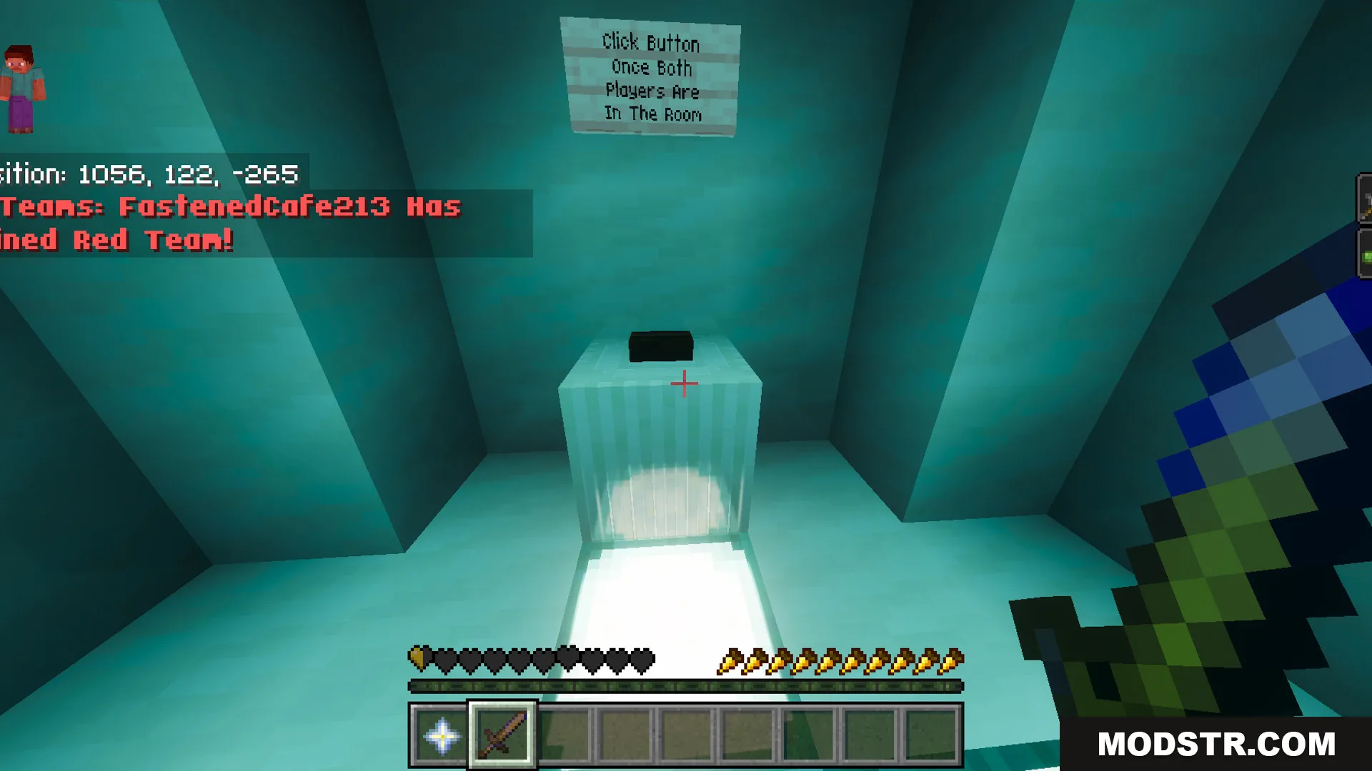 Battle Kaisen Map Screenshot 5 Player standing in a cyan room with a button and a sign