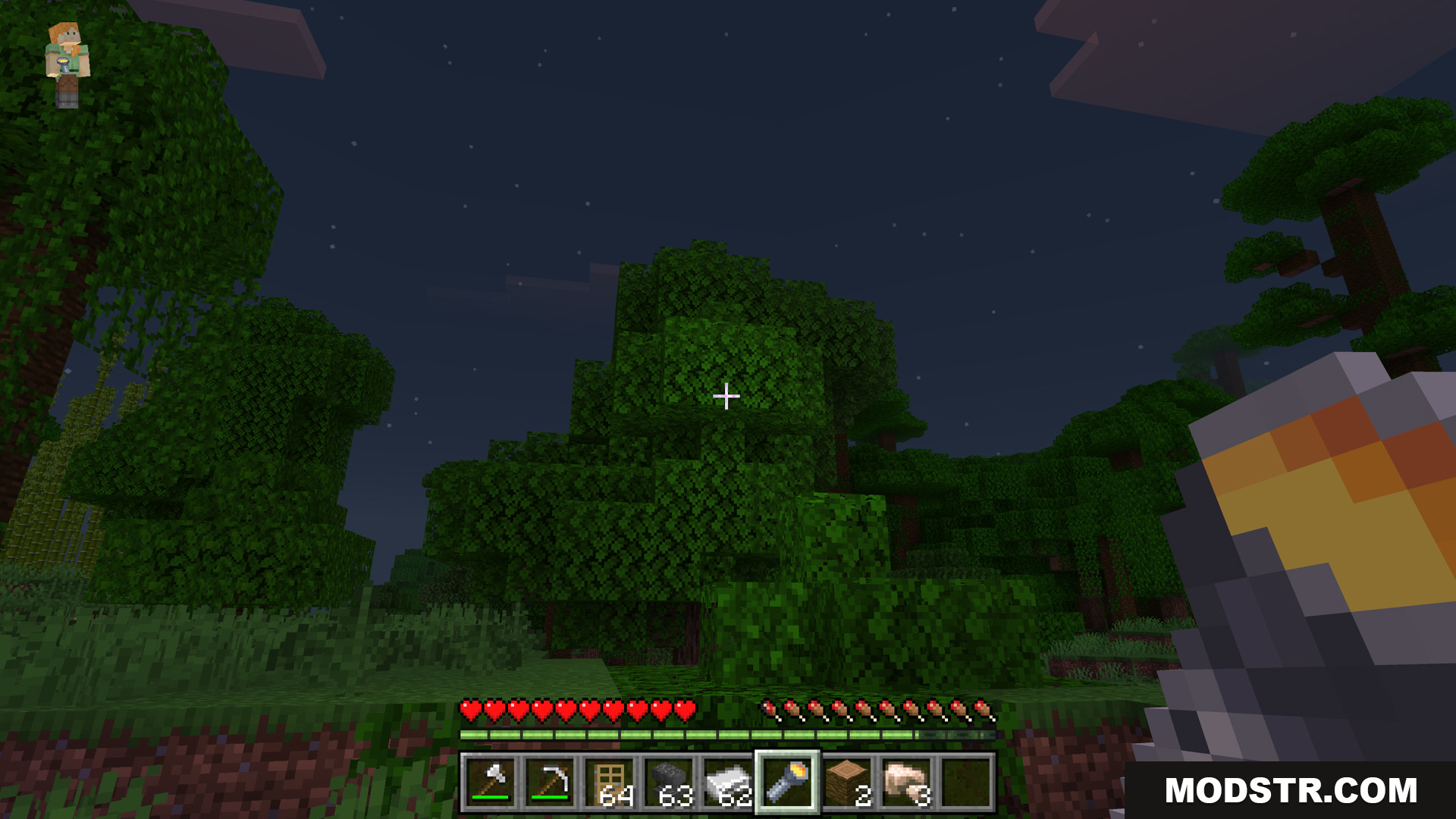 Bedrock Essentials+ Addon Screenshot 16 A player explores a dark jungle at night with tools