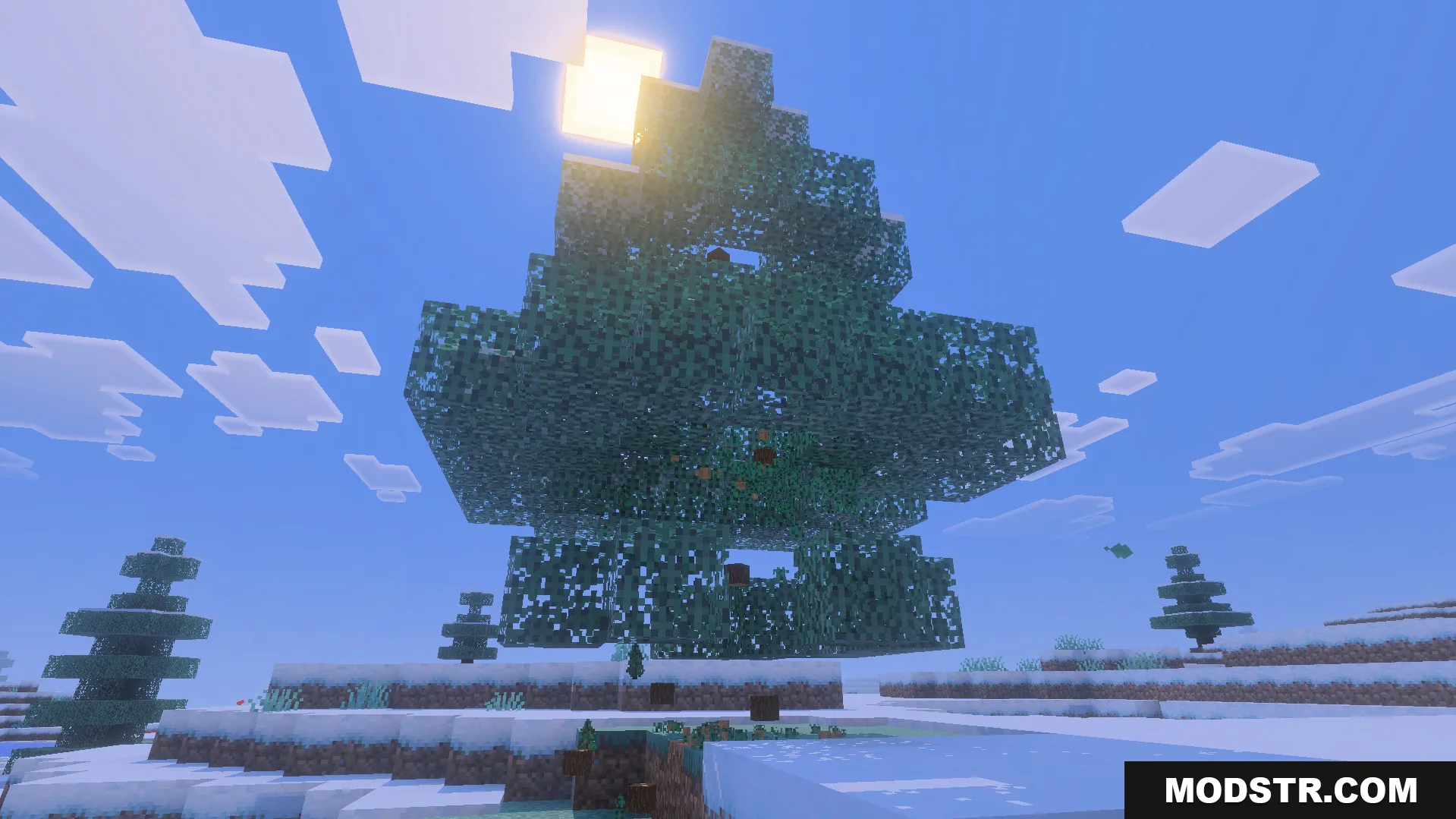 Bedrock Tree Capitator Addon Screenshot 8 Wood logs falling from a large spruce tree using Bedrock Tree Capitator Addon