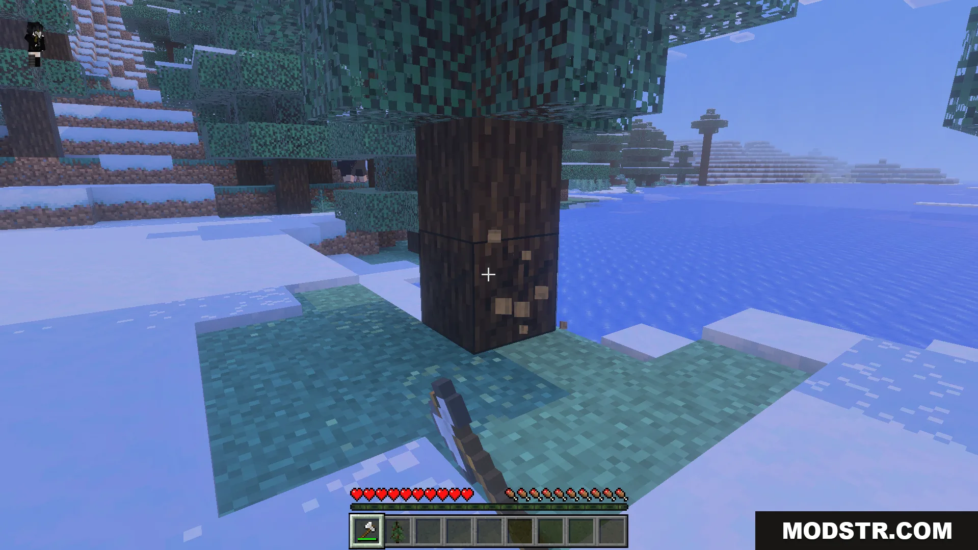 Bedrock Tree Capitator Addon Screenshot 6 Player using an axe to chop a spruce tree near the water