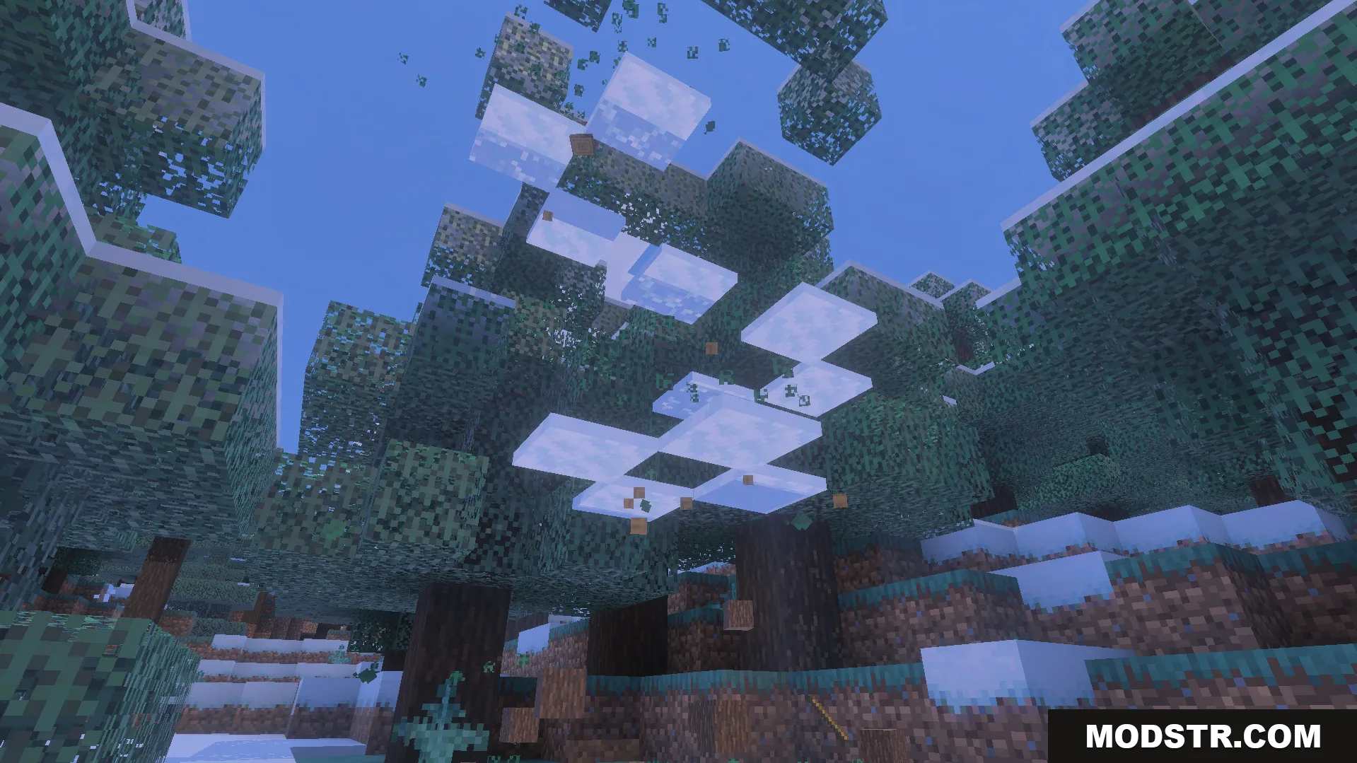 Bedrock Tree Capitator Addon Screenshot 10 Floating leaves and snow layers after the tree trunk is gone
