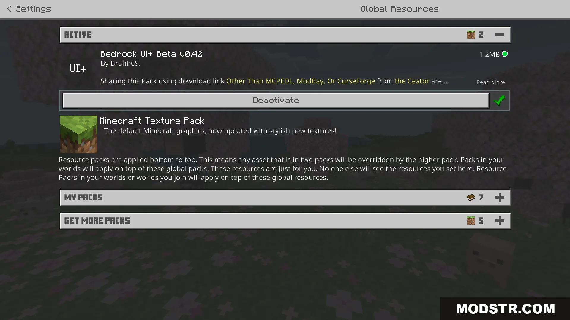 Bedrock Ui Plus Texture Pack Screenshot 1 Activating the addon in the global resources menu to change screens