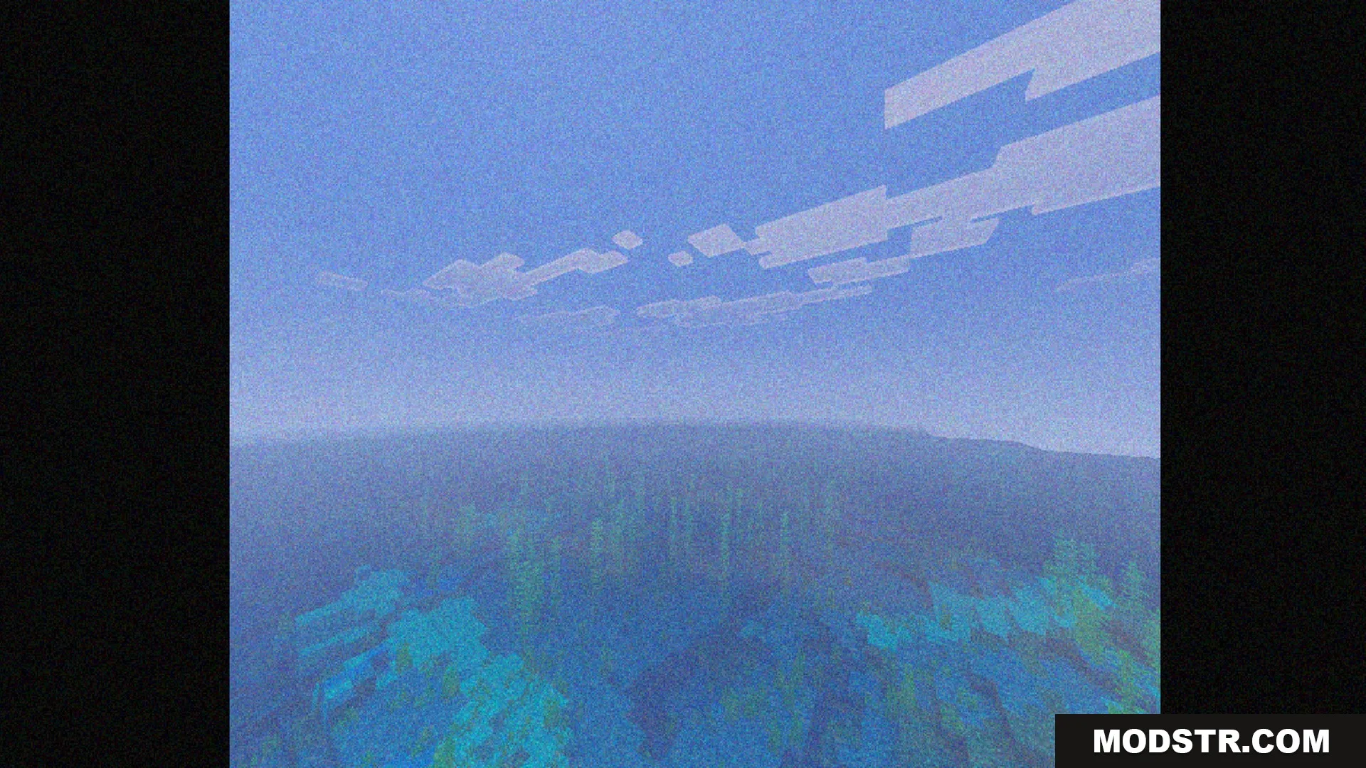 Bedrock VHS Shader Screenshot 1 A grainy view of a Minecraft ocean with kelp under a blue sky