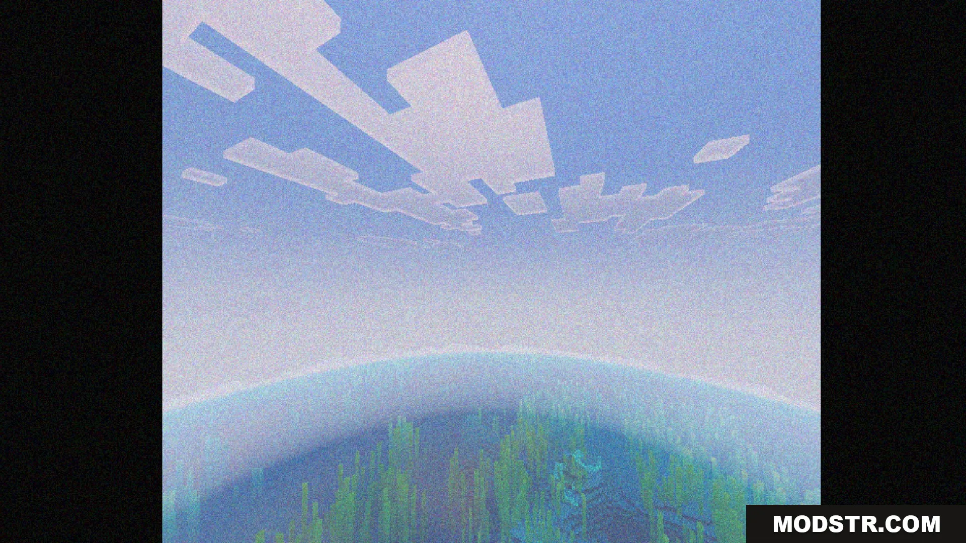 Bedrock VHS Shader Screenshot 6 A vast Minecraft ocean landscape with a retro video tape visual effect