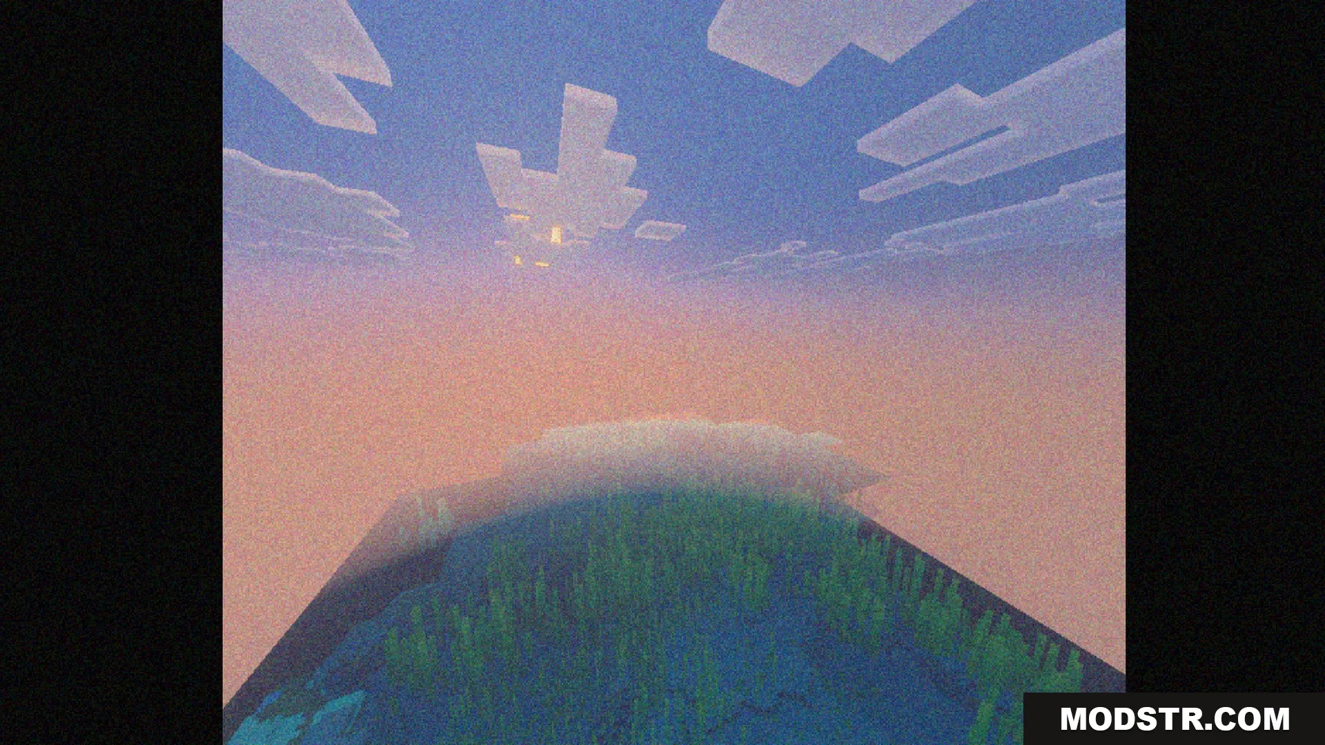Bedrock VHS Shader Screenshot 2 Sunset over a Minecraft ocean with a heavy retro video grain effect