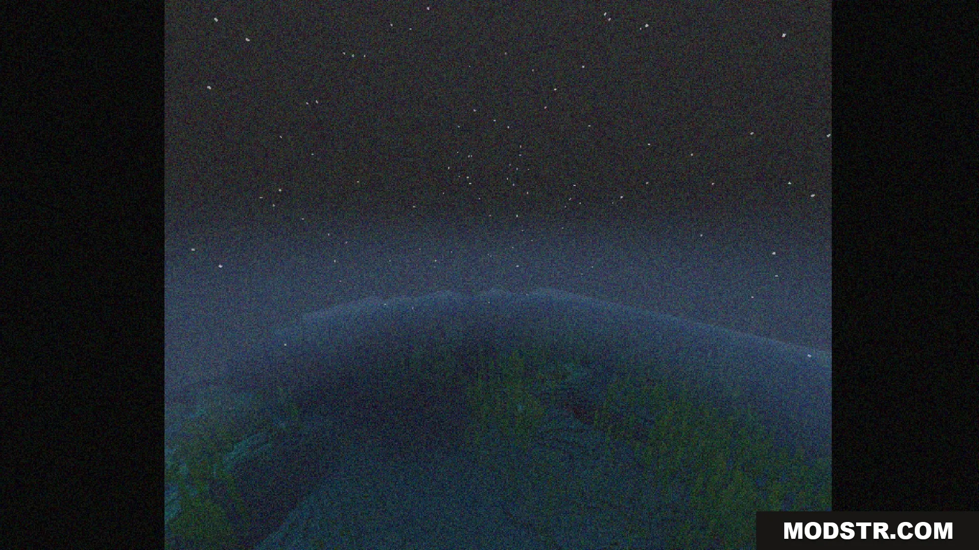 Bedrock VHS Shader Screenshot 4 Starry night sky over a dark landscape with a vintage tape visual style
