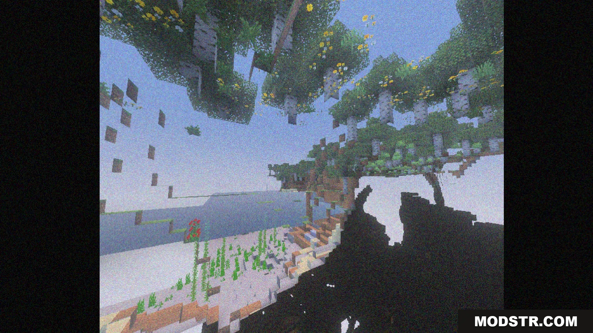Bedrock VHS Shader Screenshot 3 Grainy retro filter applied to a Minecraft landscape with floating islands and trees
