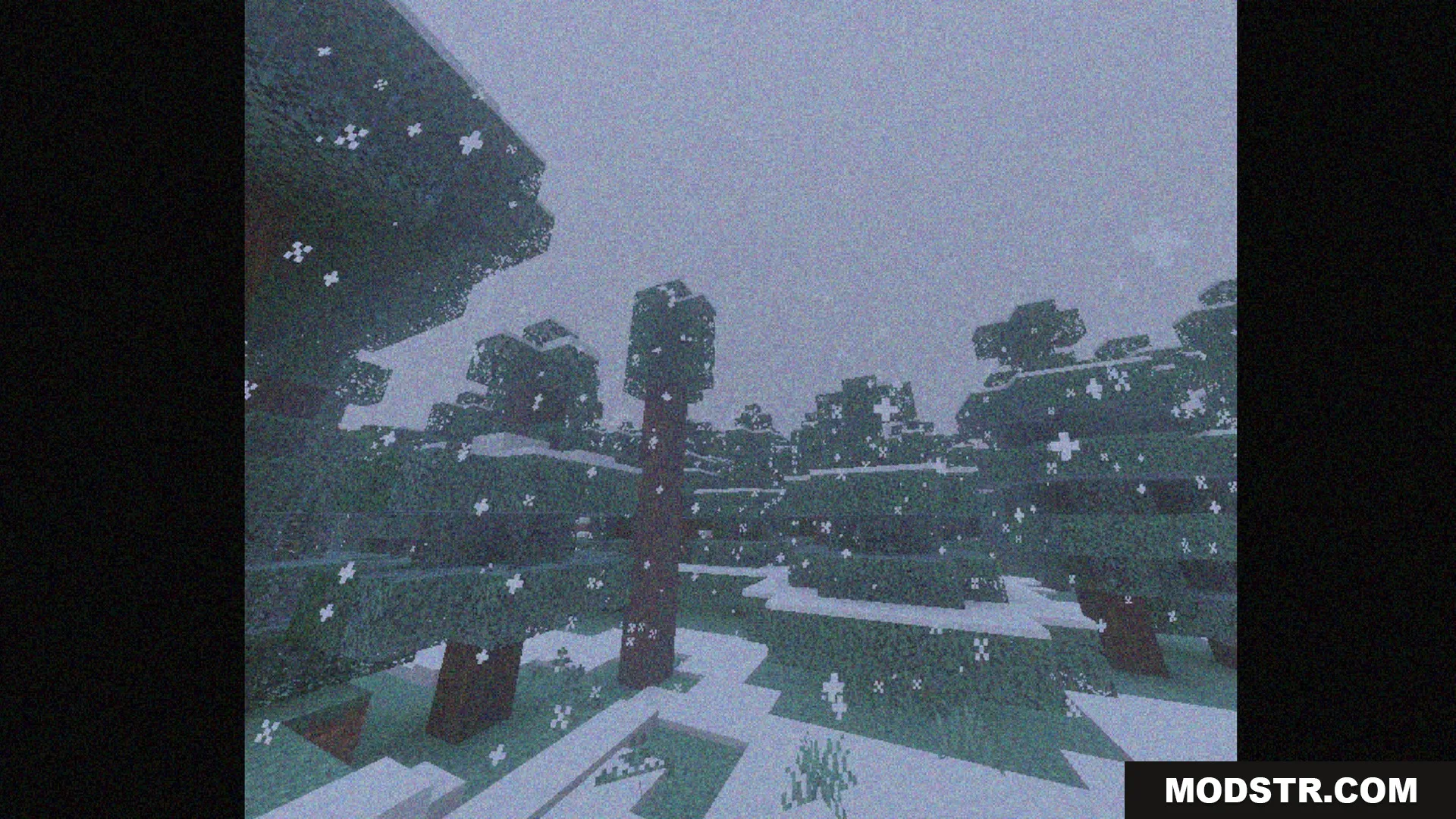 Bedrock VHS Shader Screenshot 10 Snowy pine forest landscape with a vintage square television screen border effect