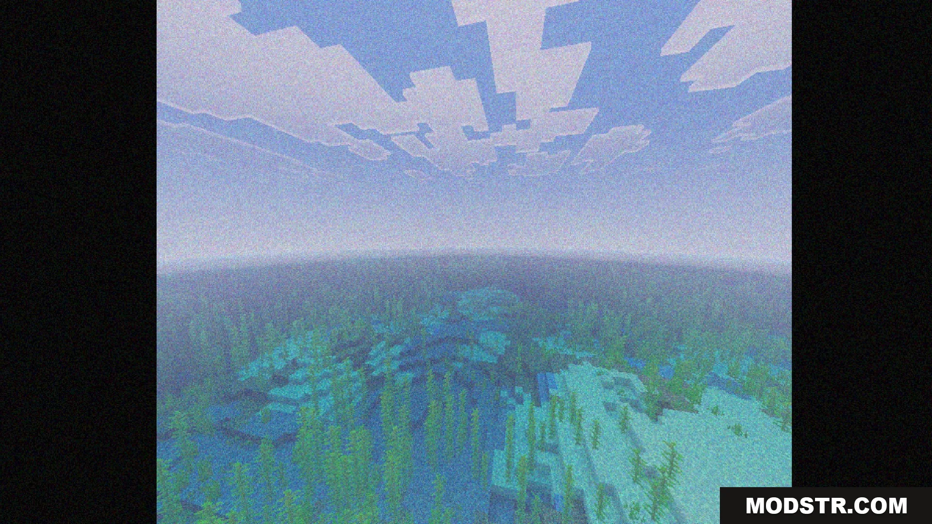 Bedrock VHS Shader Screenshot 5 Underwater kelp and coral reefs seen through a grainy VHS video filter