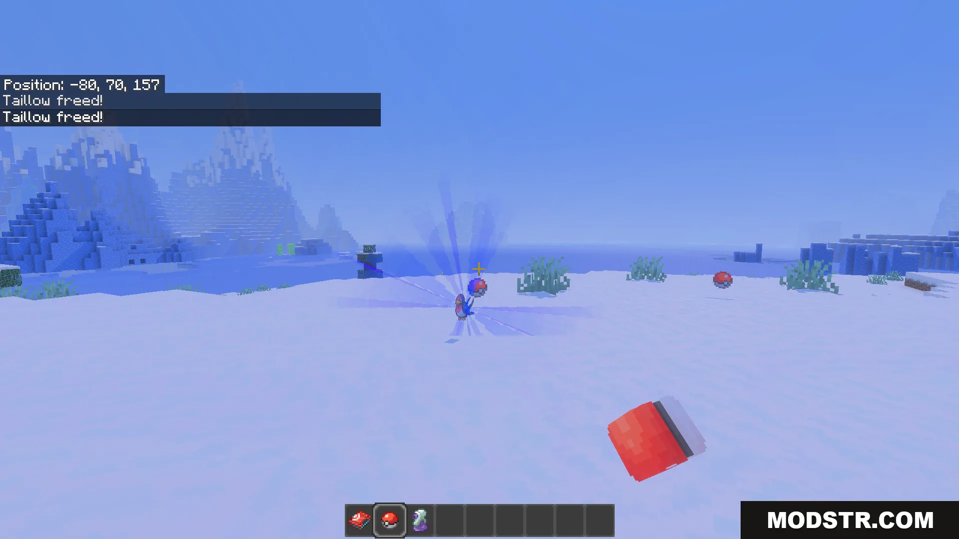 Player releasing a Taillow from a Pokeball in a snowy Minecraft biome