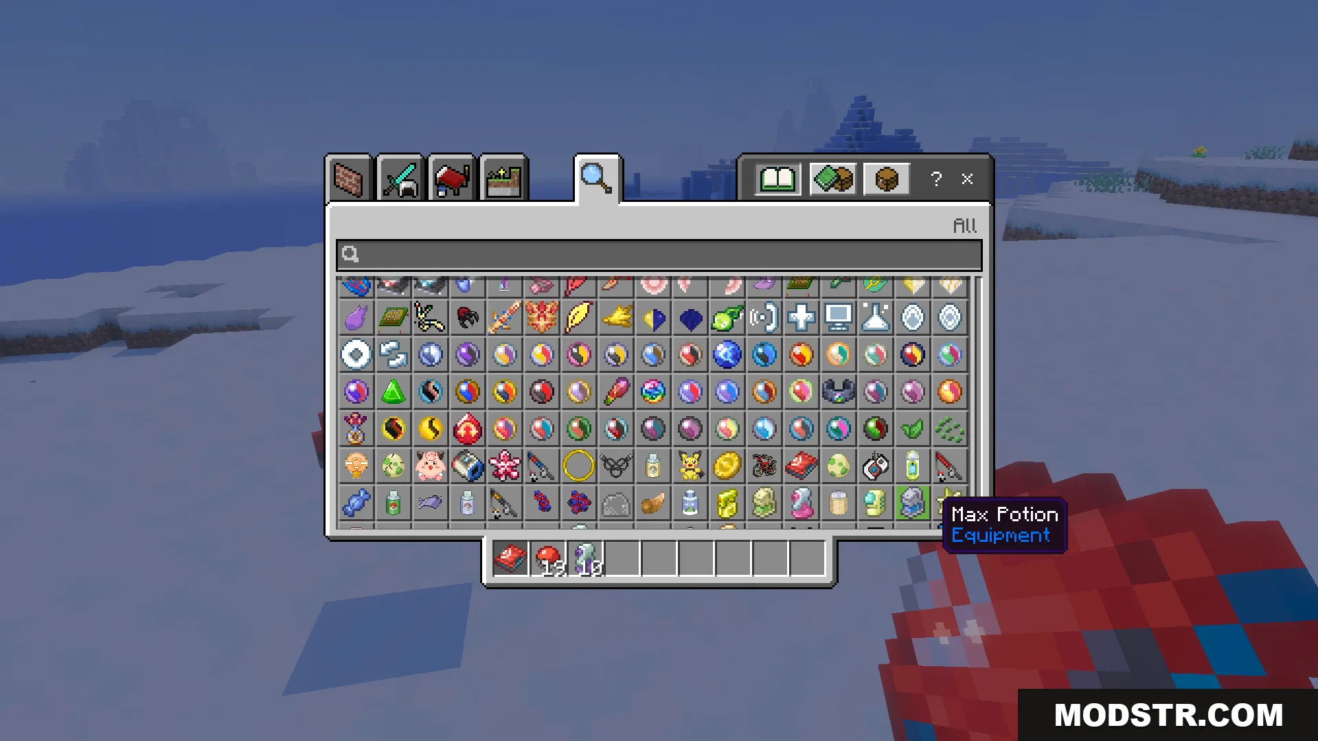 Creative inventory menu showing various items from the Bedrockmon Addon