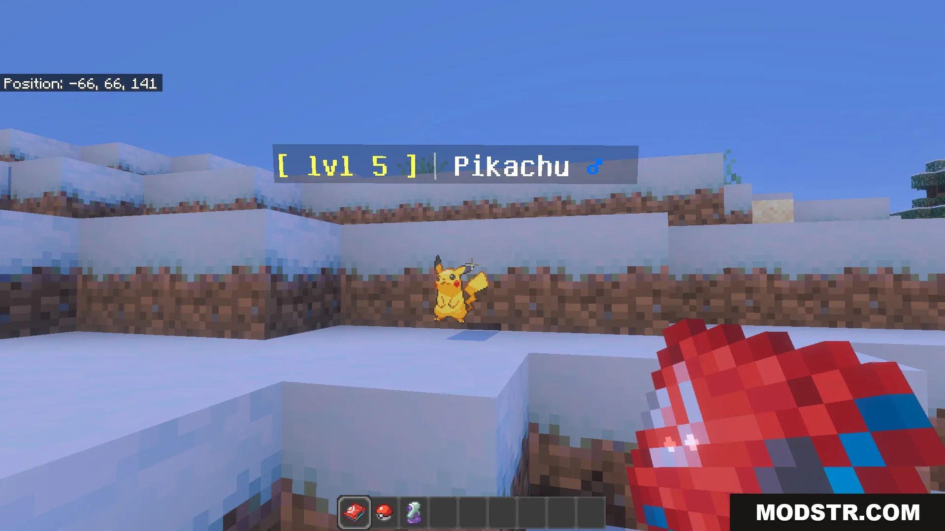 Player encounters a level five Pikachu in a snowy Minecraft biome