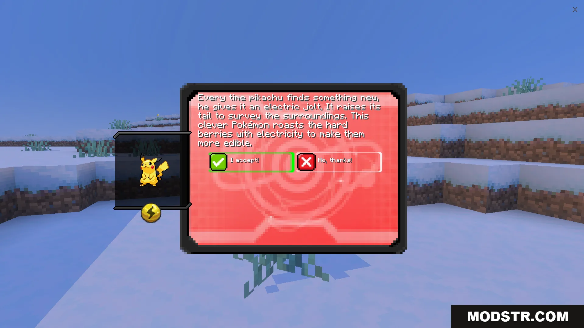 Player choosing Pikachu as a starter Pokemon in the Bedrockmon Addon