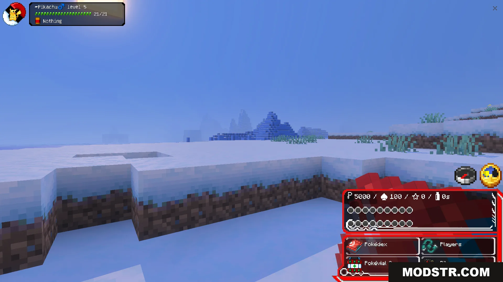 Custom Pokemon themed interface displayed over a snowy Minecraft landscape