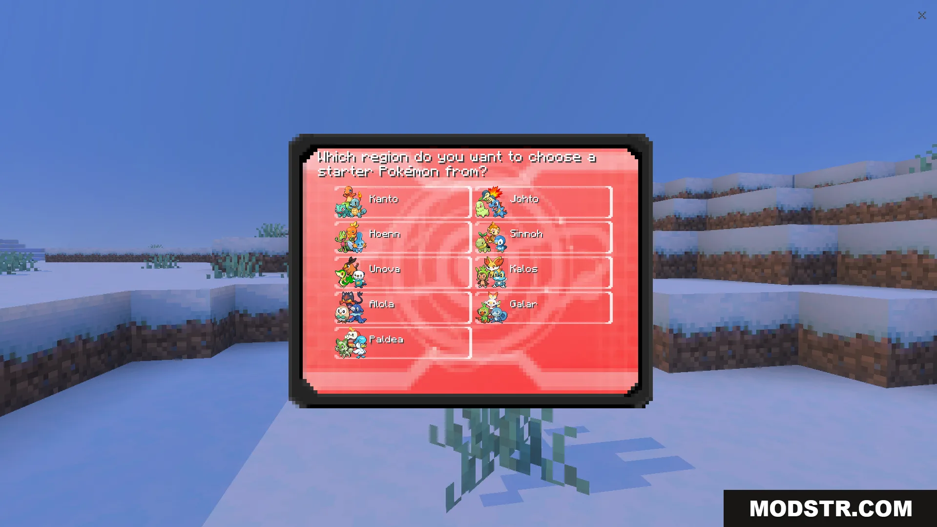 A menu for choosing a starter Pokemon region in the Bedrockmon Addon