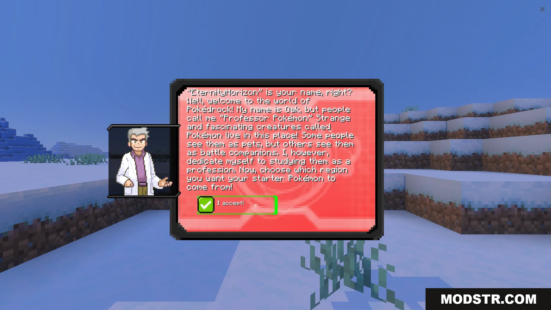 Professor Oak welcomes the player to the world of Pokedrock in Minecraft