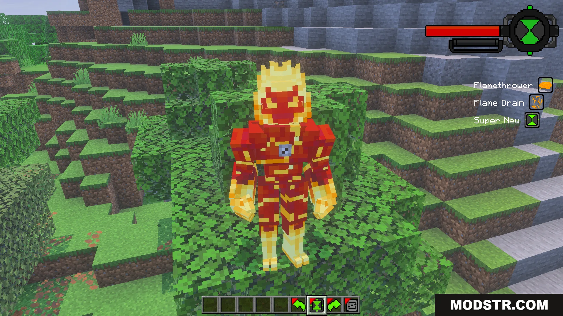 Ben 10 Ultimate Addon Screenshot 5 Player transformed into Heatblast alien standing on leaves with custom UI