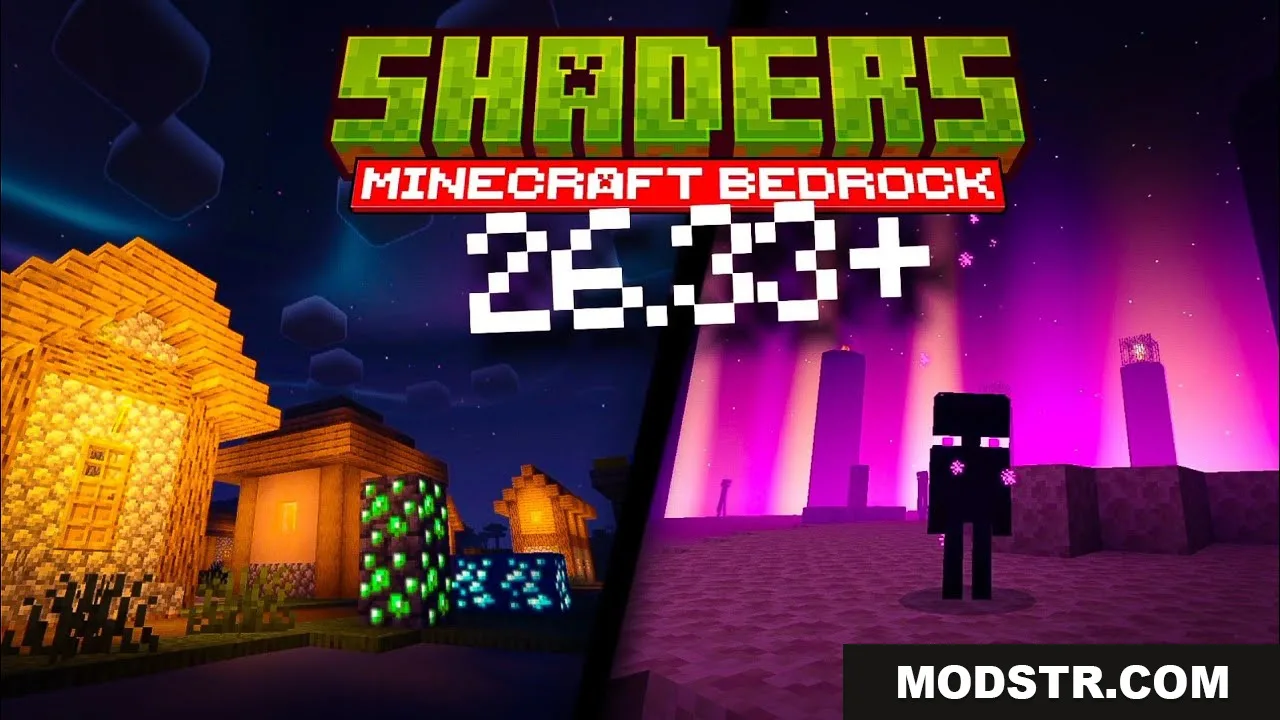 Cozy glowing village at night and the End dimension with realistic lighting