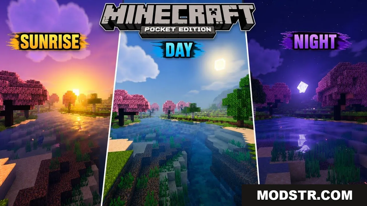 Sunrise, day and night comparison in a cherry blossom biome with water reflections
