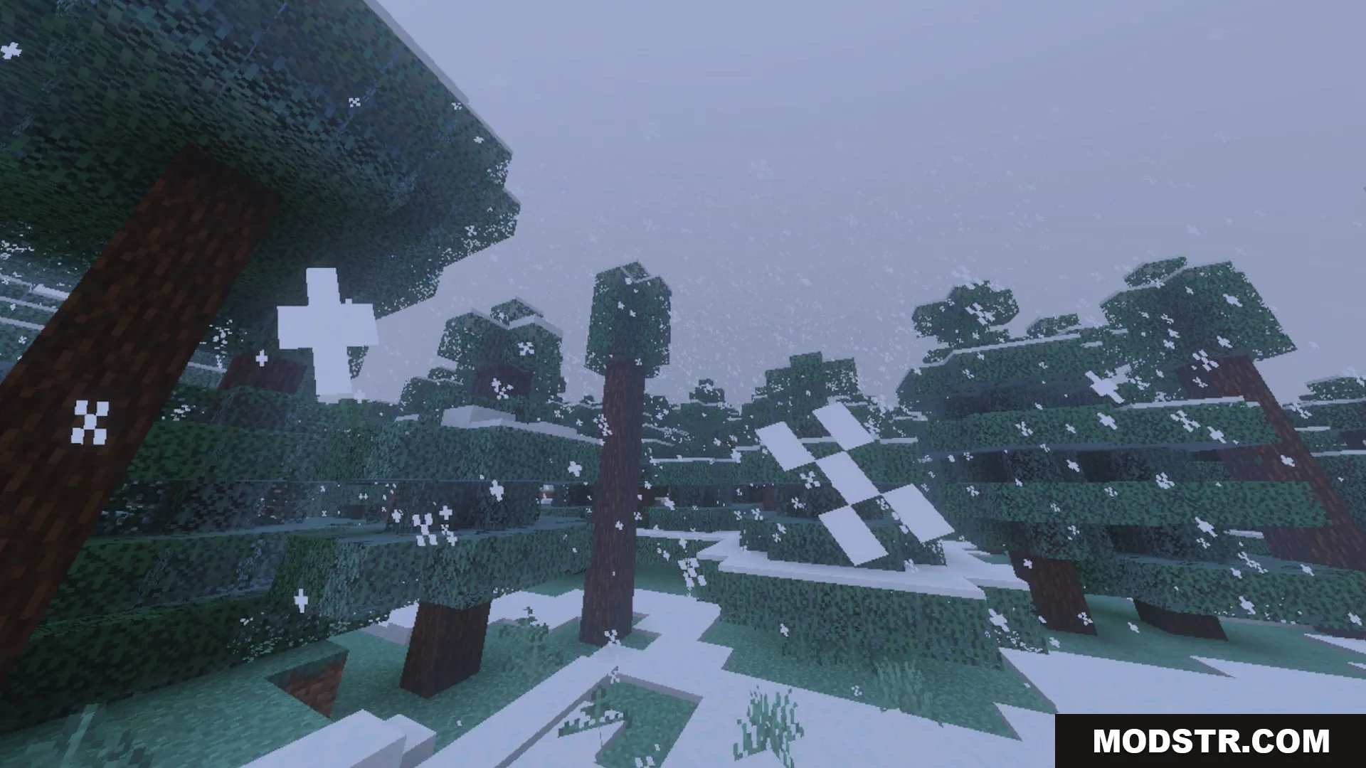 Better 3D Armors Shader Screenshot 10 Snow falling over a cold spruce forest with thick white ground cover