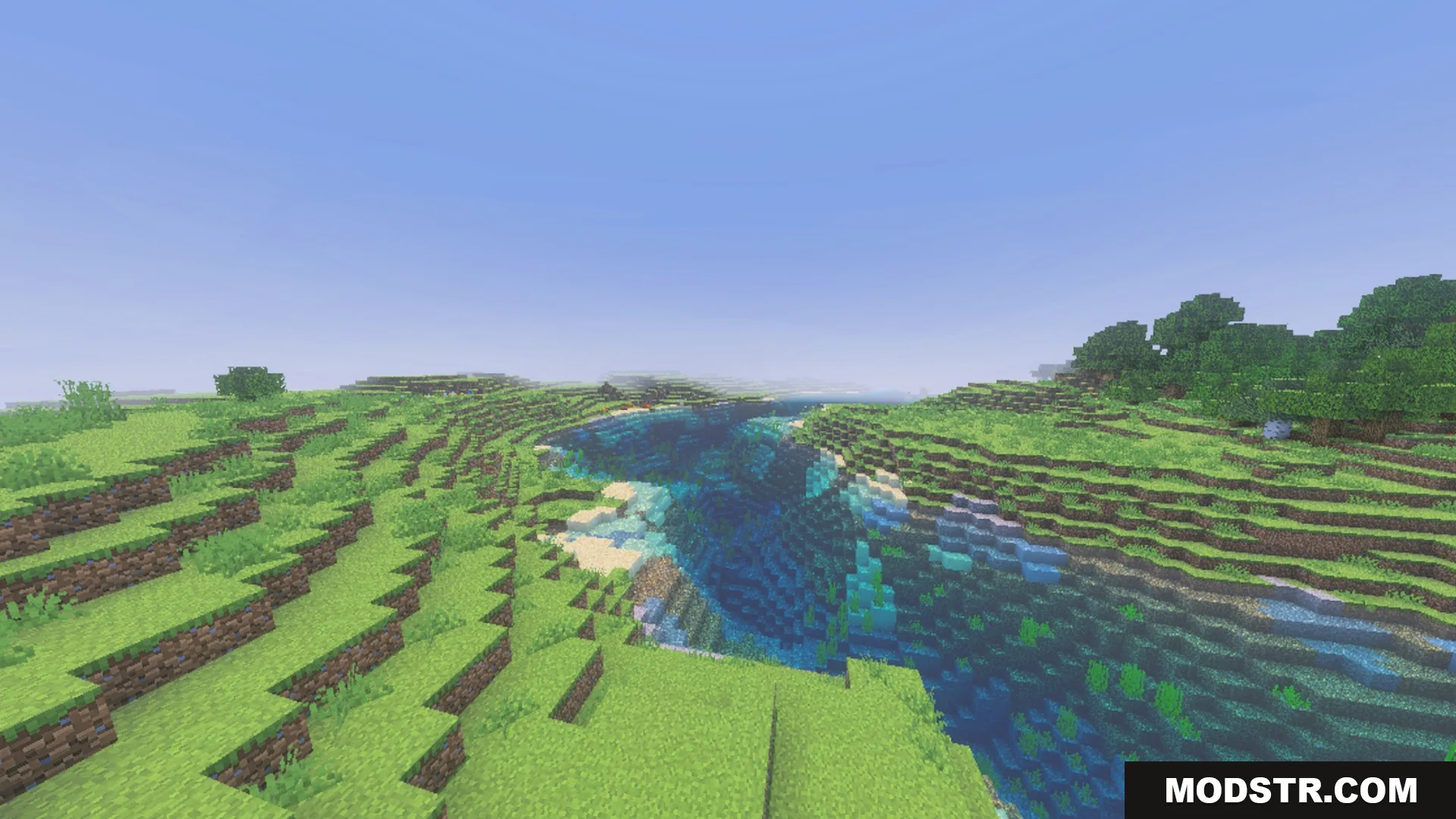 Better Animated Nature Shader Screenshot 3 Vibrant green hills and clear water flowing through a peaceful Minecraft landscape