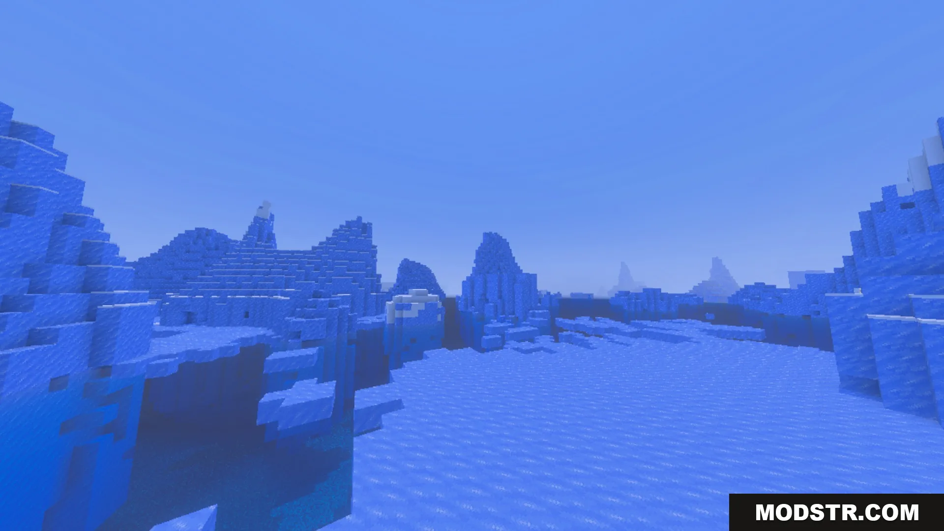Better Animated Nature Shader Screenshot 2 Vast frozen ocean landscape with large blue ice spikes and snowy ground