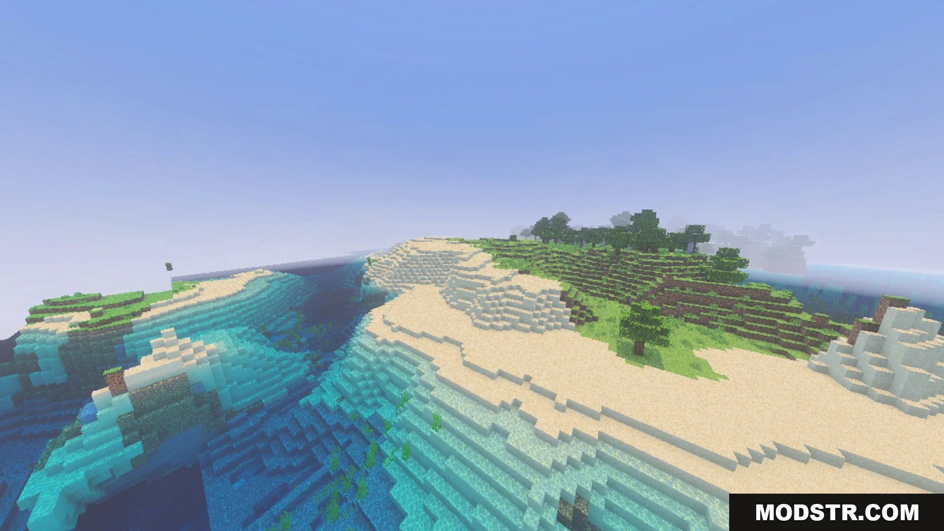 Better Animated Nature Shader Screenshot 6 Realistic water textures and sandy beaches under a bright Minecraft sky