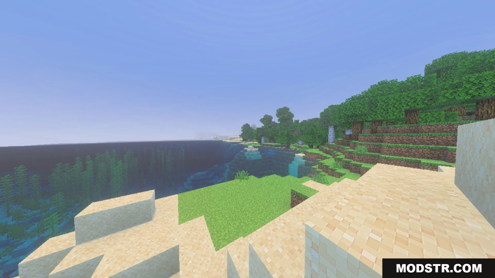 Better Animated Nature Shader Screenshot 9 Swaying trees and grass overlook a clear ocean with underwater kelp plants