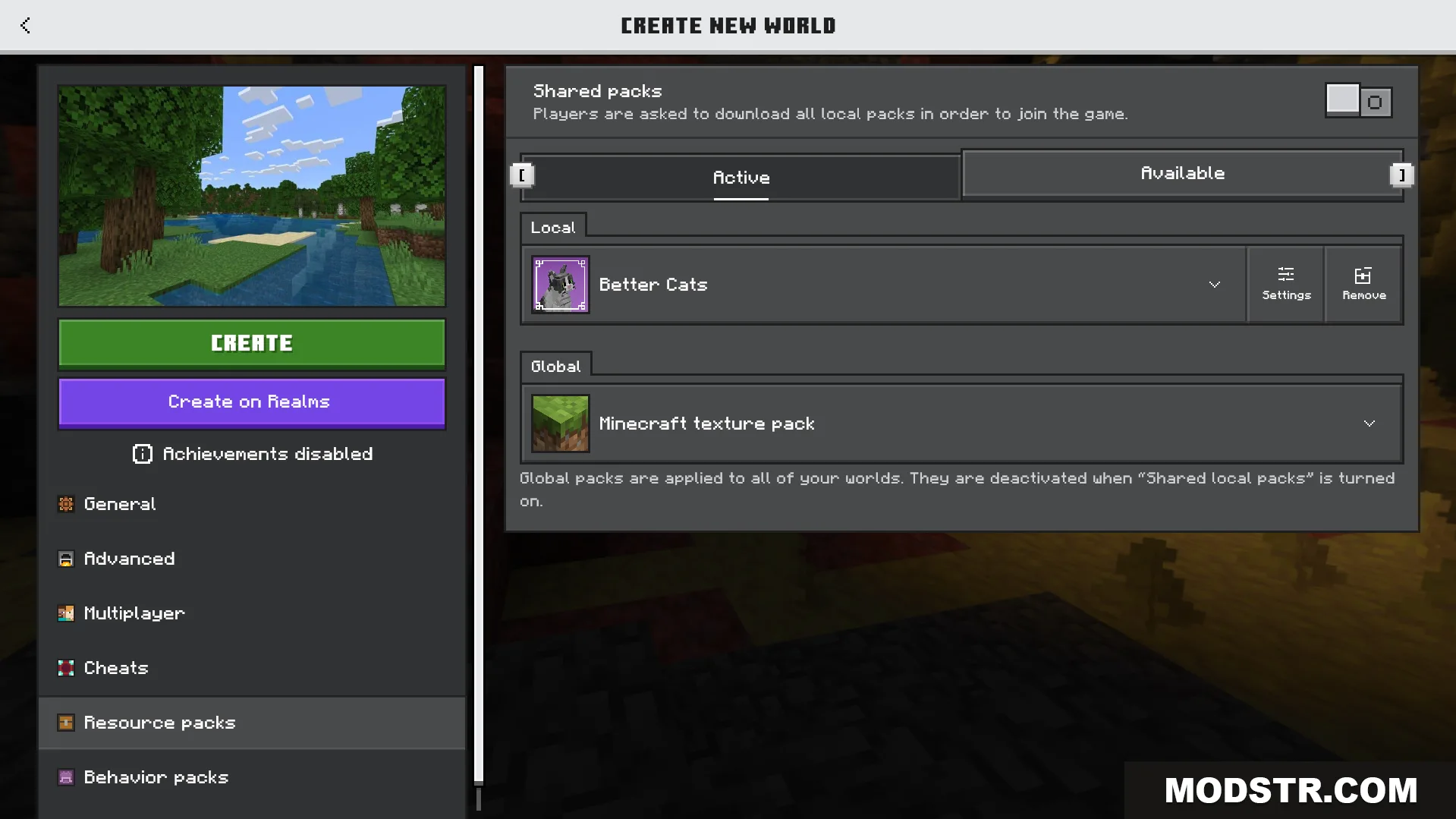 Better Cats Texture Pack Screenshot 1 Resource pack settings menu with the Better Cats texture pack enabled for world