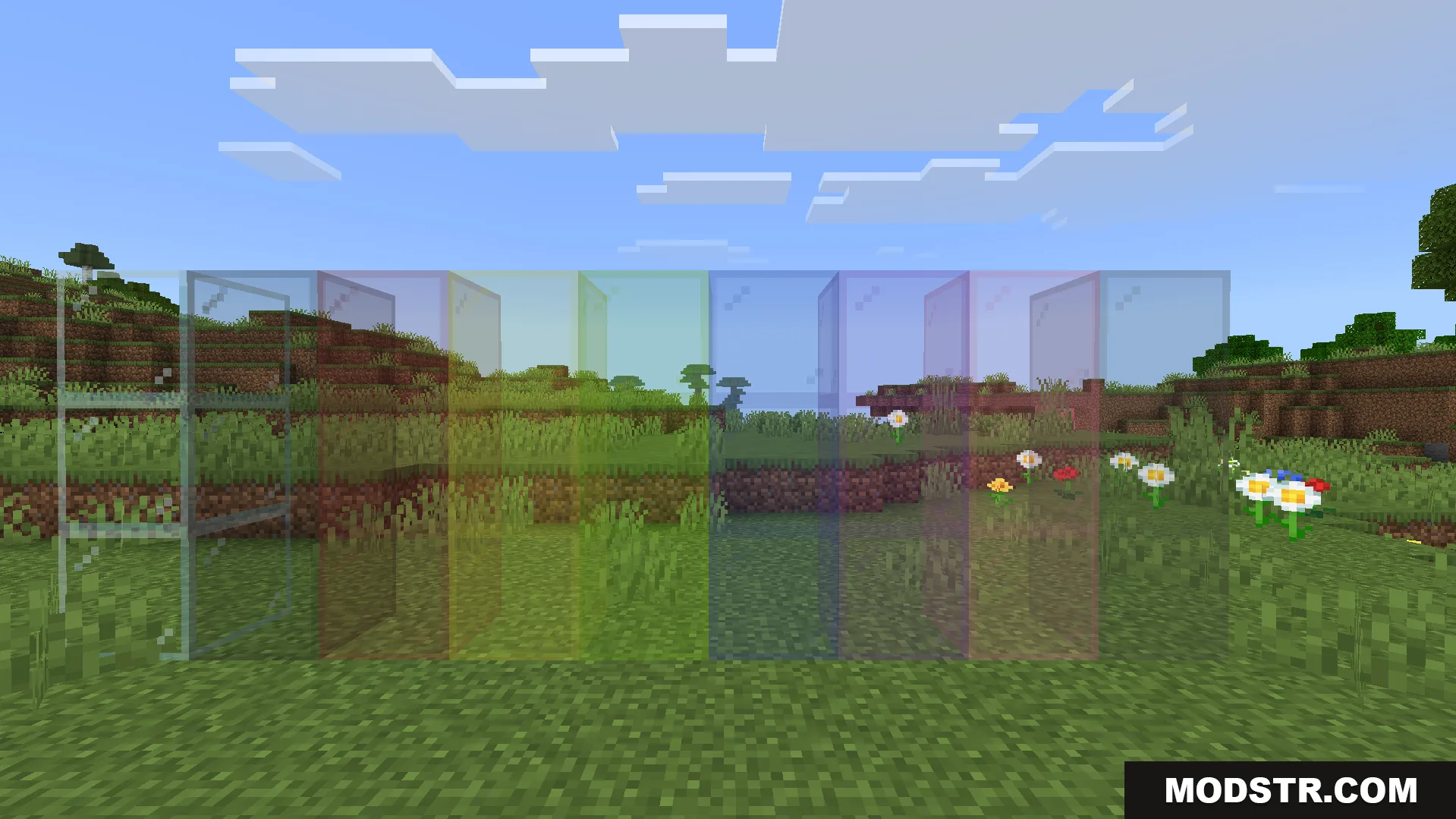 Better Clear Glass Texture Pack Screenshot 4 Transparent glass blocks with smooth textures shown in a green Minecraft landscape