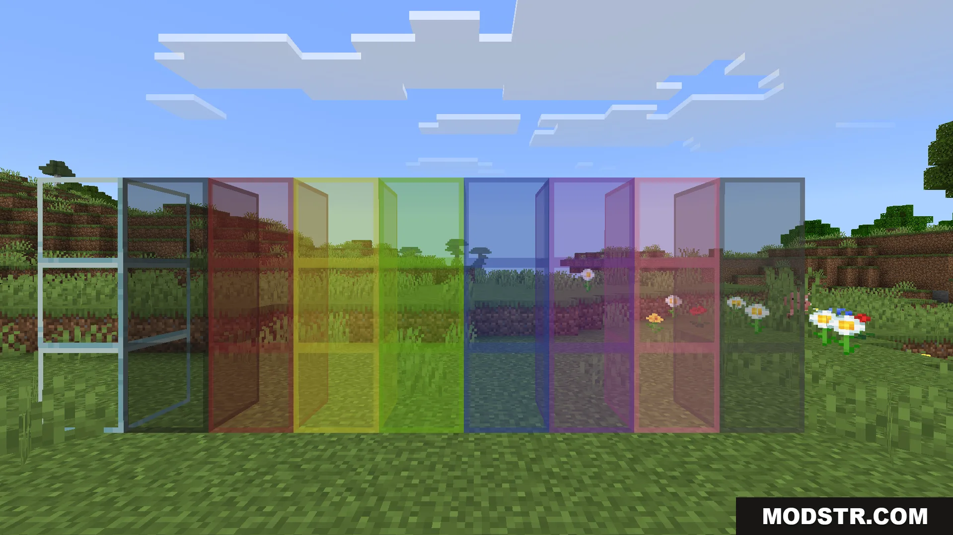 Better Clear Glass Texture Pack Screenshot 6 Showcase of transparent colored glass blocks without edge lines in a grassy field