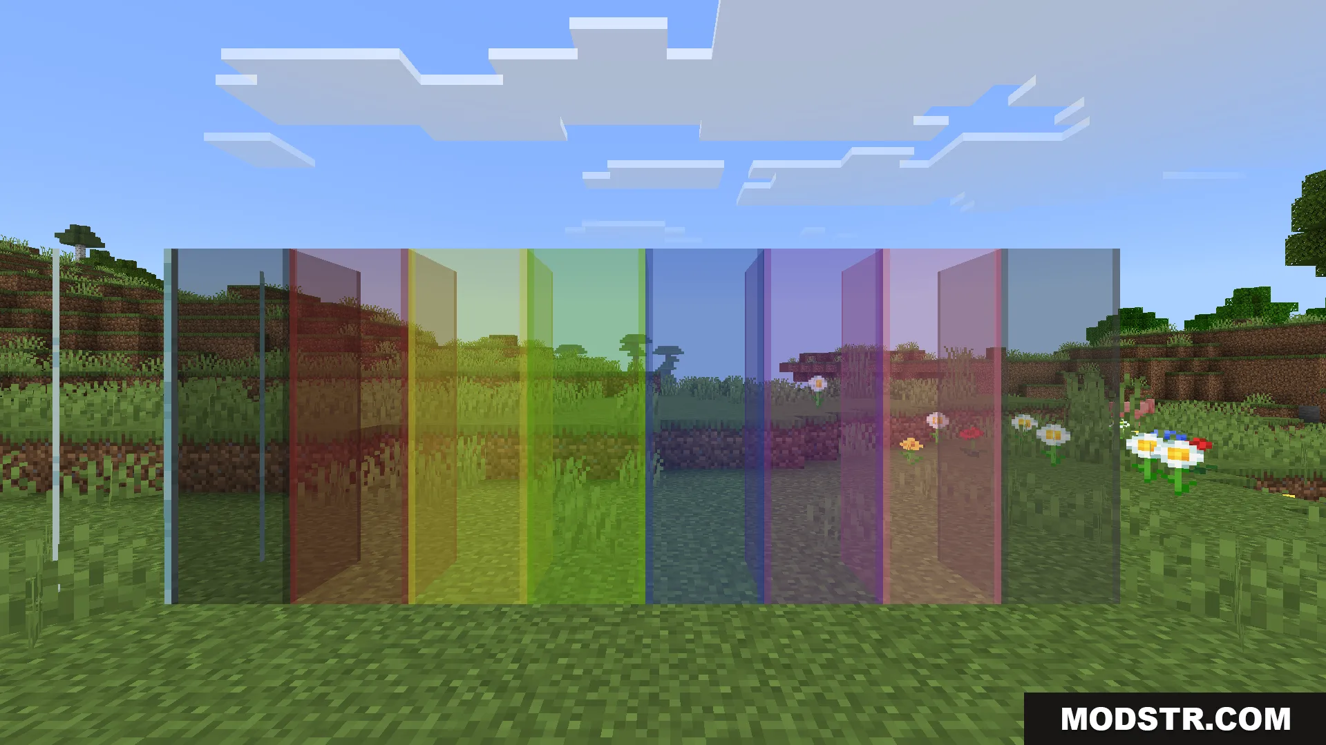 Better Clear Glass Texture Pack Screenshot 8 Multiple colored glass blocks without edge lines standing in a grassy field
