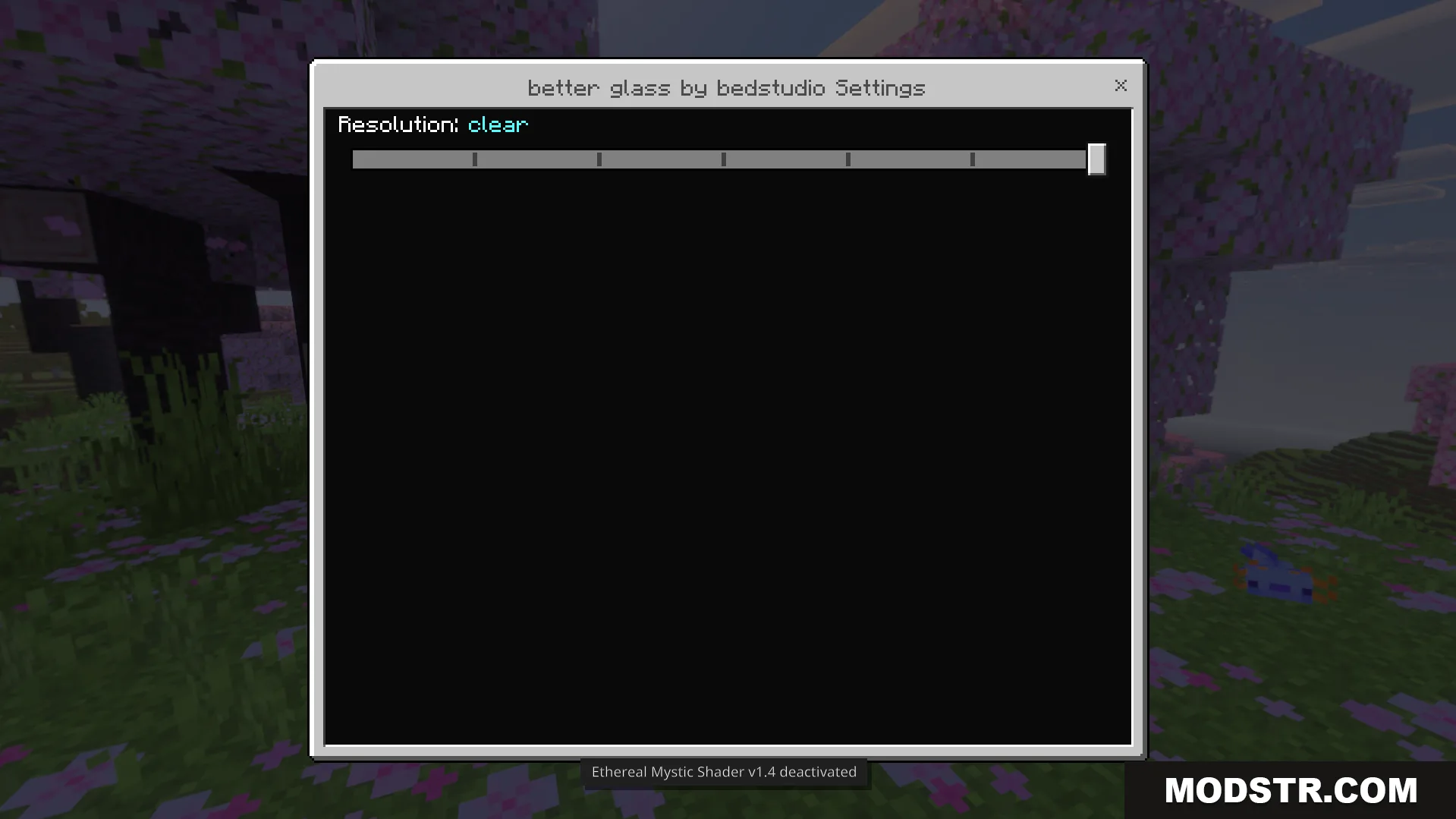 Better Clear Glass Texture Pack Screenshot 1 Settings menu for Better Clear Glass Texture Pack showing clear resolution option
