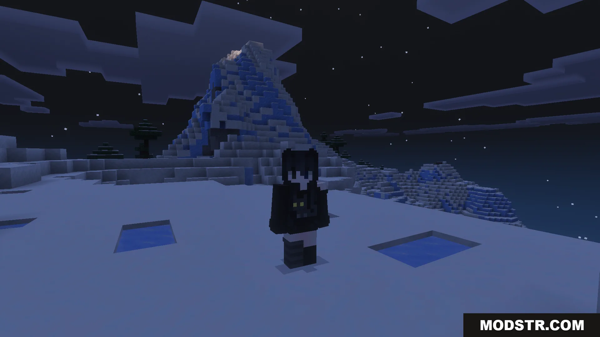 Better Dynamic Light Addon Screenshot 8 Player character standing in a snowy biome with a large frozen mountain backdrop