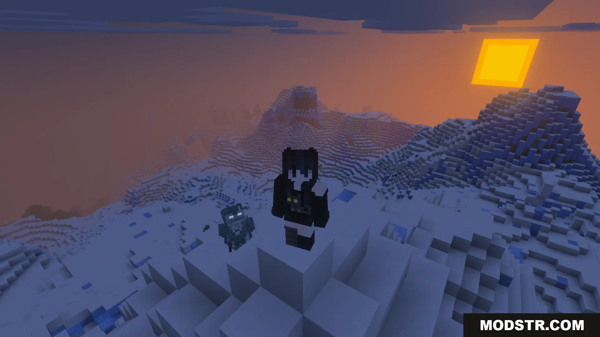 Better Dynamic Light Addon Screenshot 3 A player stands on a snowy mountain peak with a mob at sunset