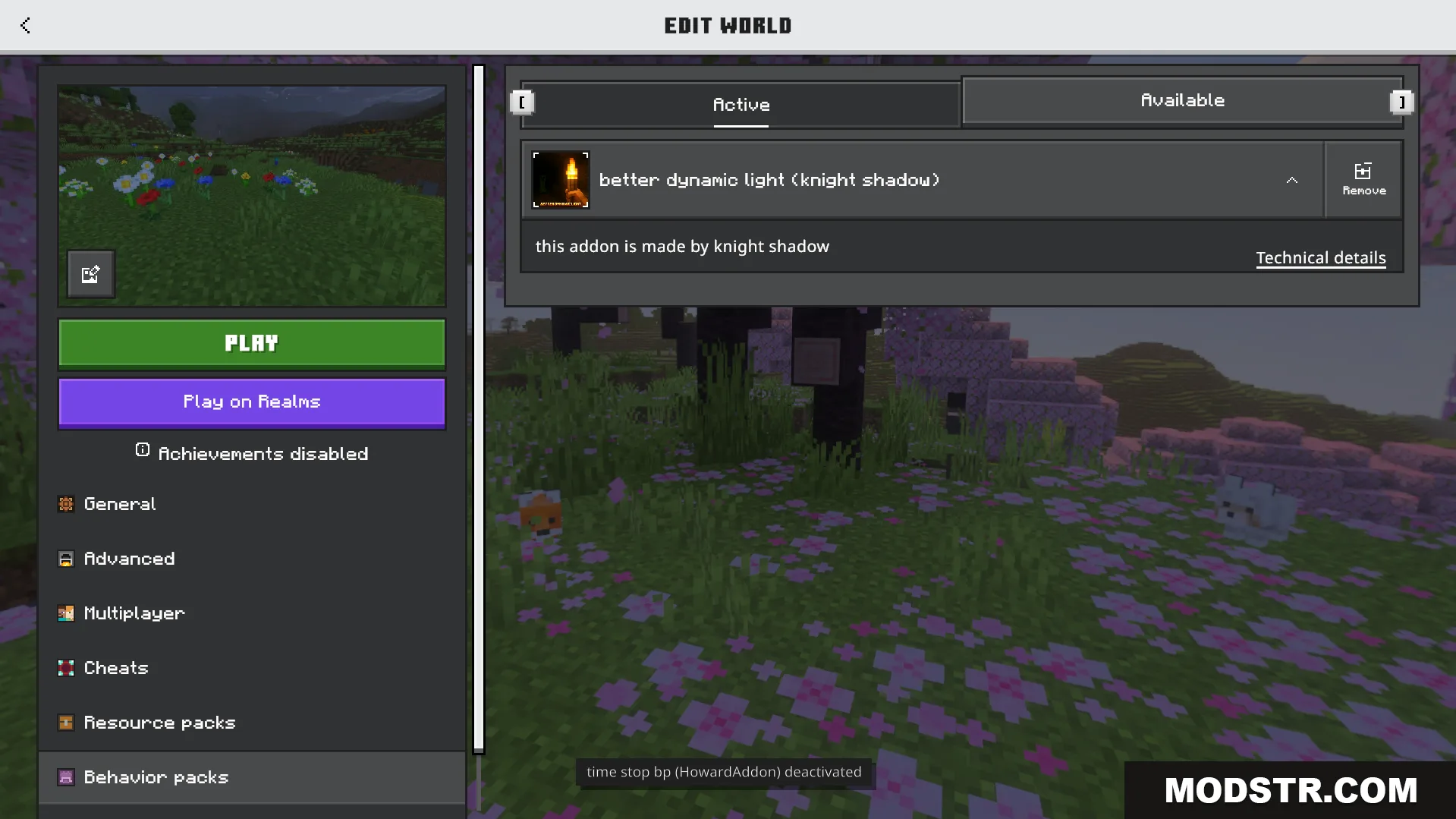 Better Dynamic Light Addon Screenshot 1 Edit world menu displaying the active better dynamic light addon behavior pack