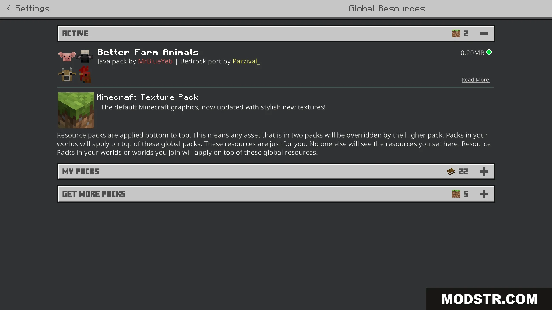 Better Farm Animals Texture Pack Screenshot 1 minecraft settings menu showing the active better farm animals texture pack