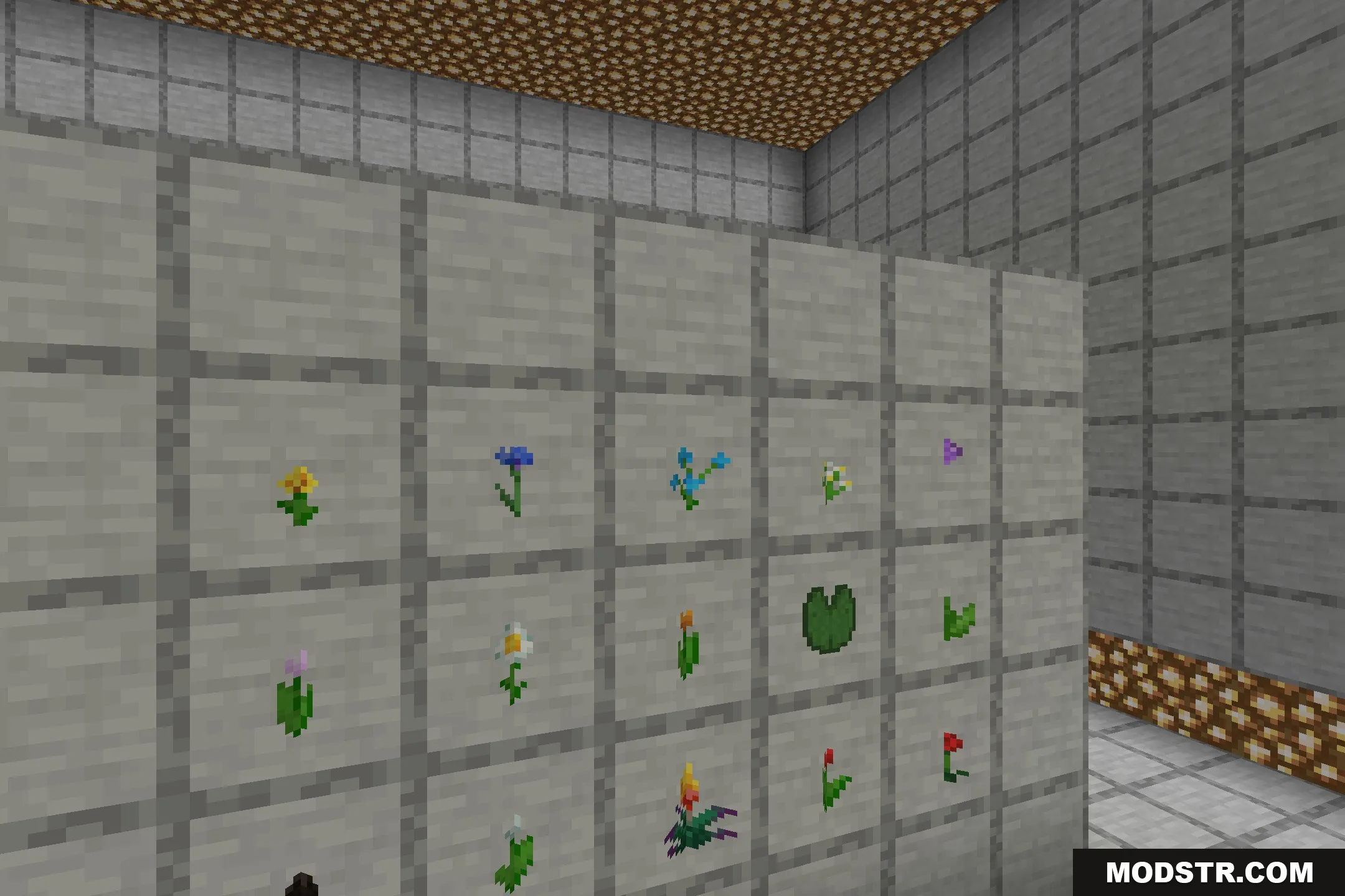 Better Foliage Add-on Resource Pack Screenshot 6 Close up of 3D flowers and lily pads shown in item frames on wall