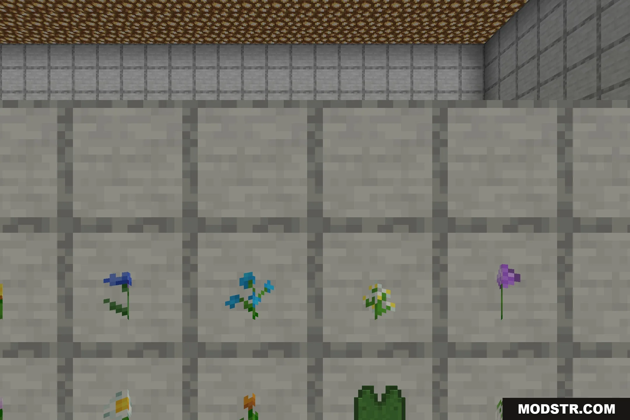 Better Foliage Add-on Resource Pack Screenshot 4 Close up view of flowers and a lily pad inside item frames on stone