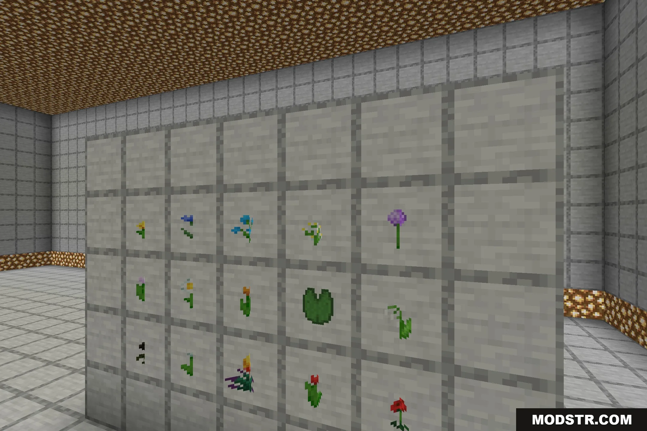 Better Foliage Add-on Resource Pack Screenshot 5 Various 3D flower models and lily pads displayed in item frames on stone