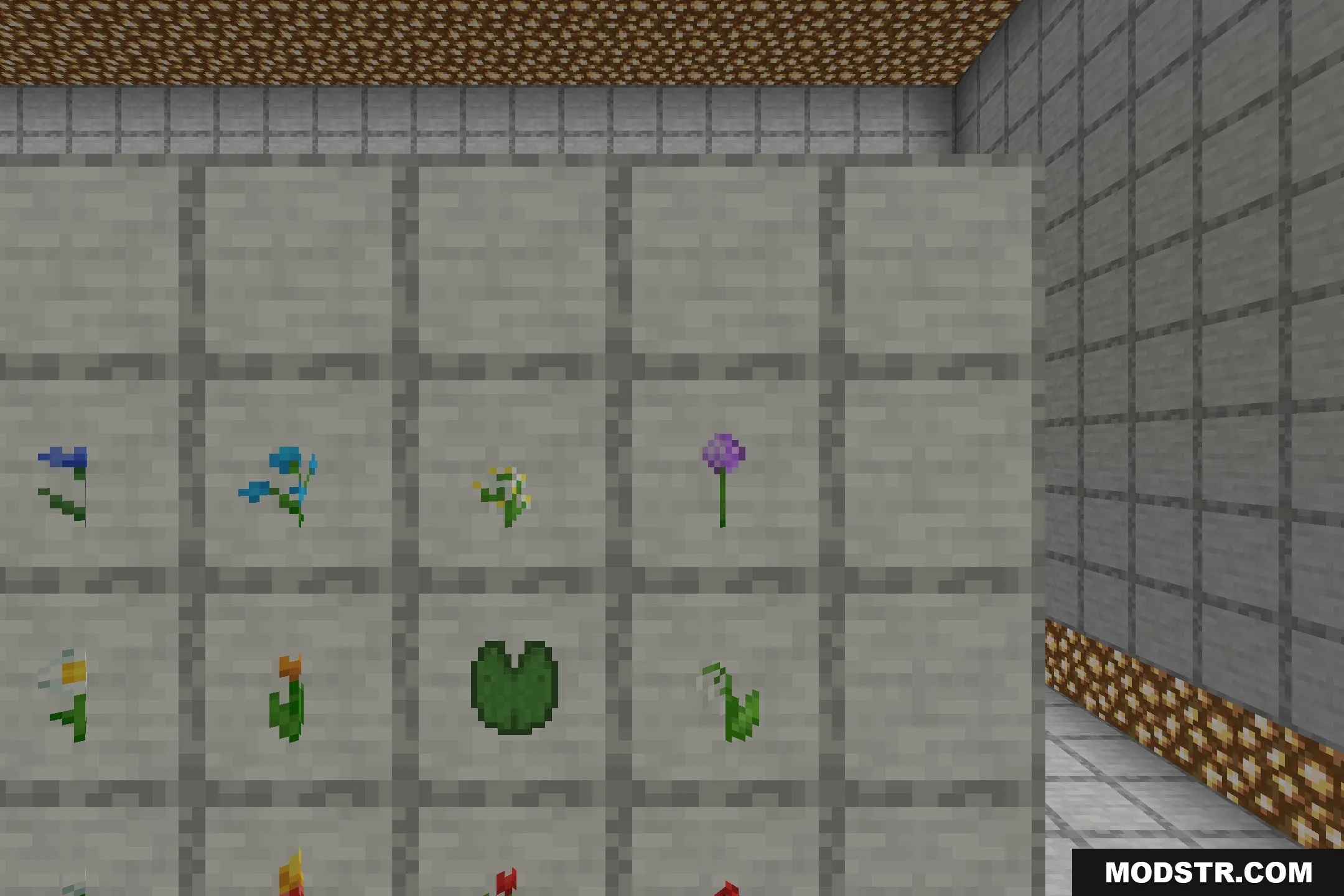 Better Foliage Add-on Resource Pack Screenshot 2 Detailed view of 3D flower models and a lily pad in item frames