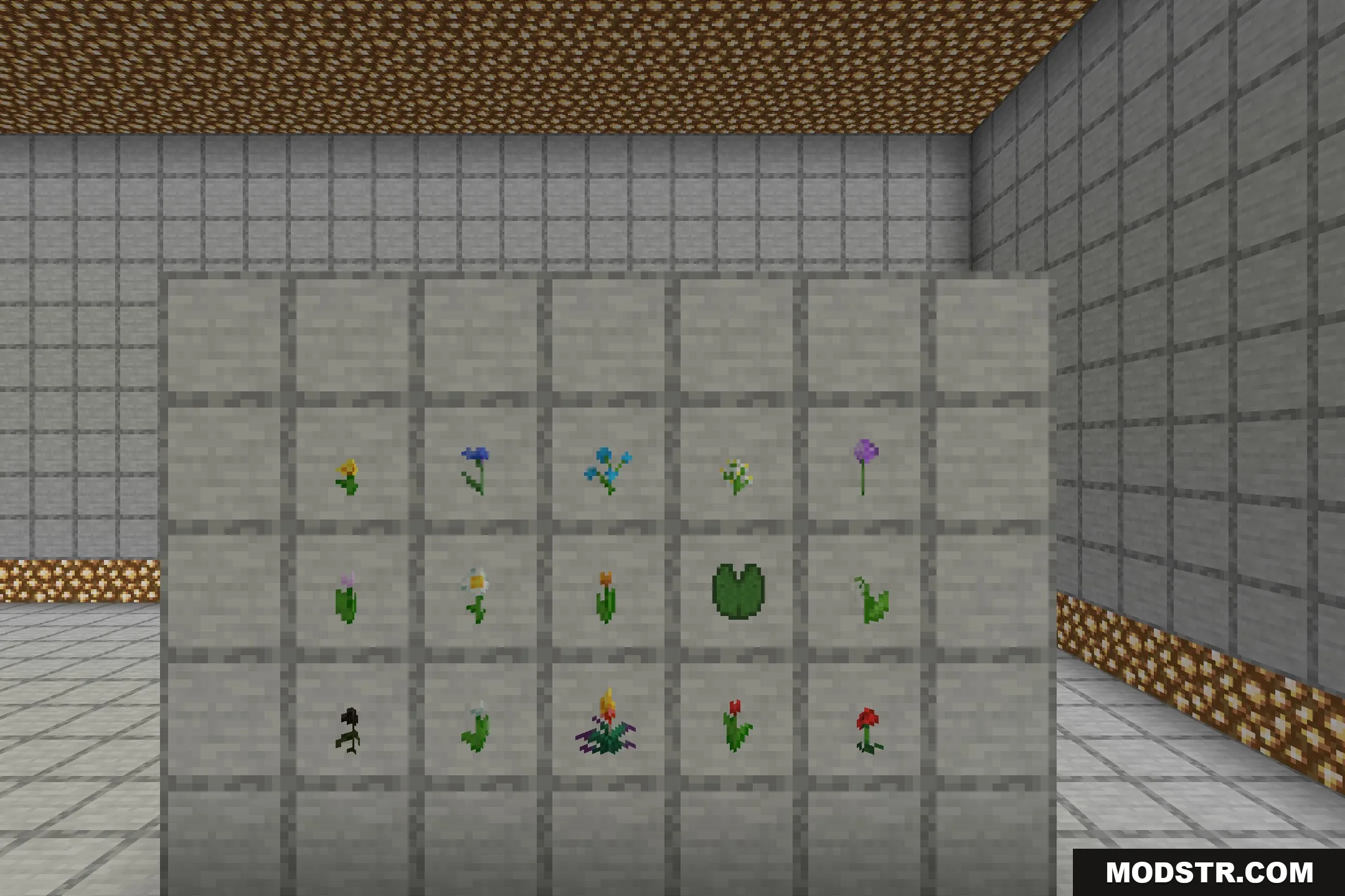 Better Foliage Add-on Resource Pack Screenshot 1 Various Minecraft flowers and a lily pad displayed as 3D models on a wall