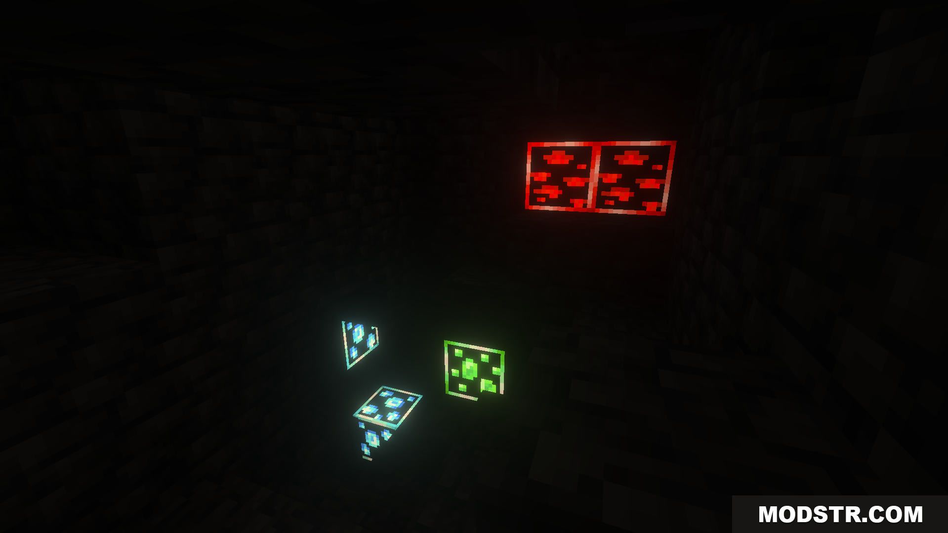 Better Glowing Ores Texture Pack Screenshot 8 Glowing diamond emerald and redstone ores in a dark cave